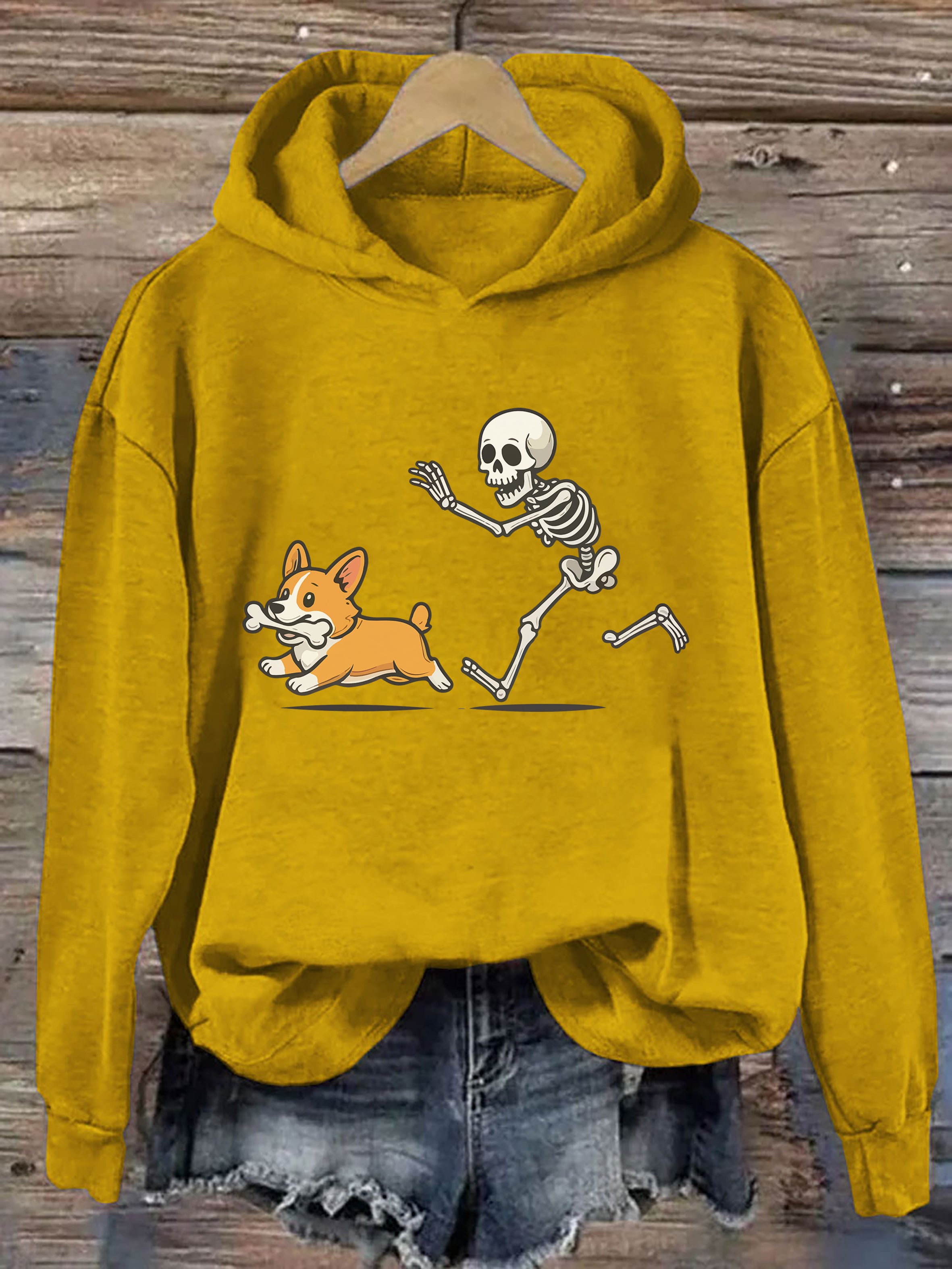 Funny Skeleton Chasing Corgi Hoodie