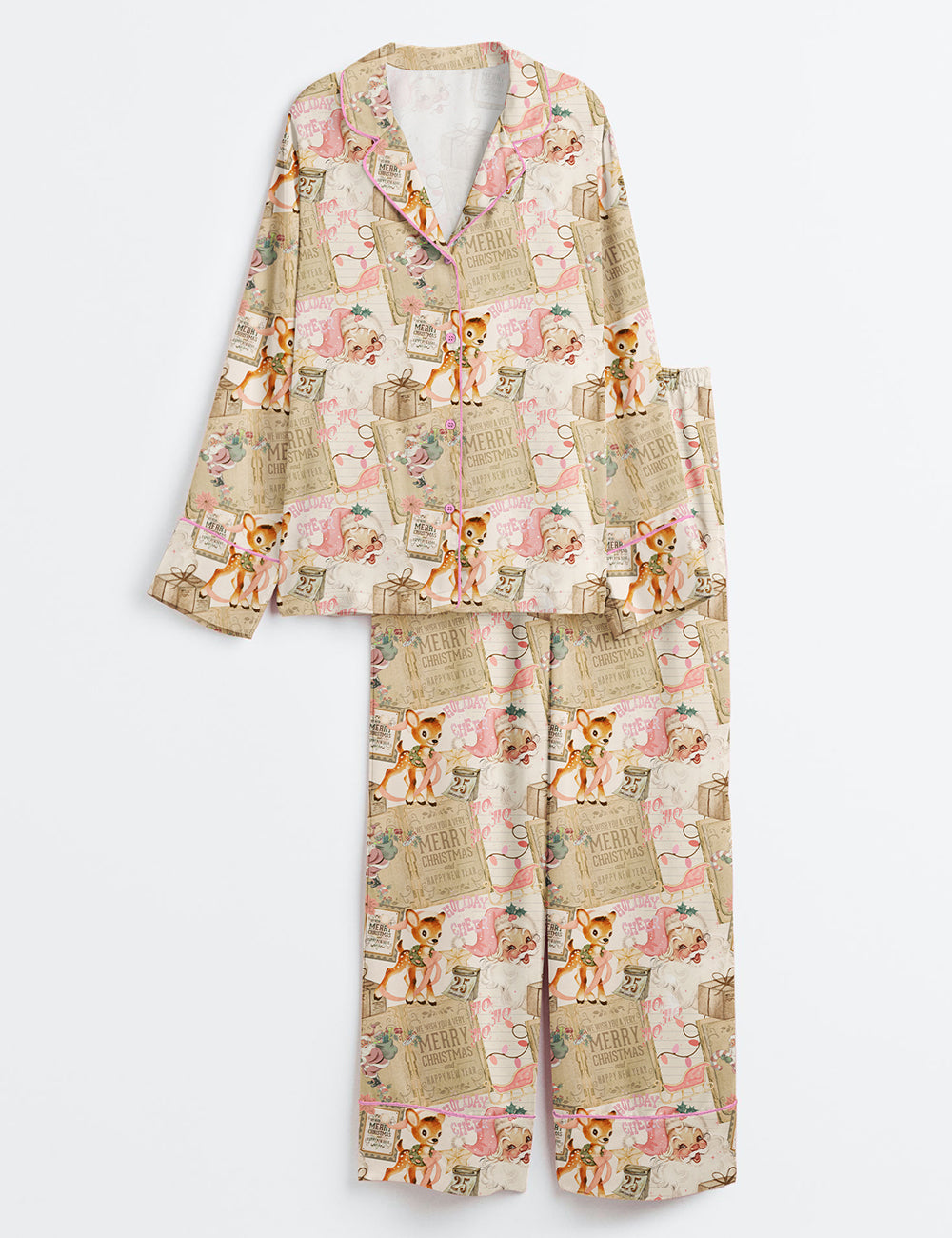 Vintage Christmas Collage Long Sleeve Satin Pajama Set