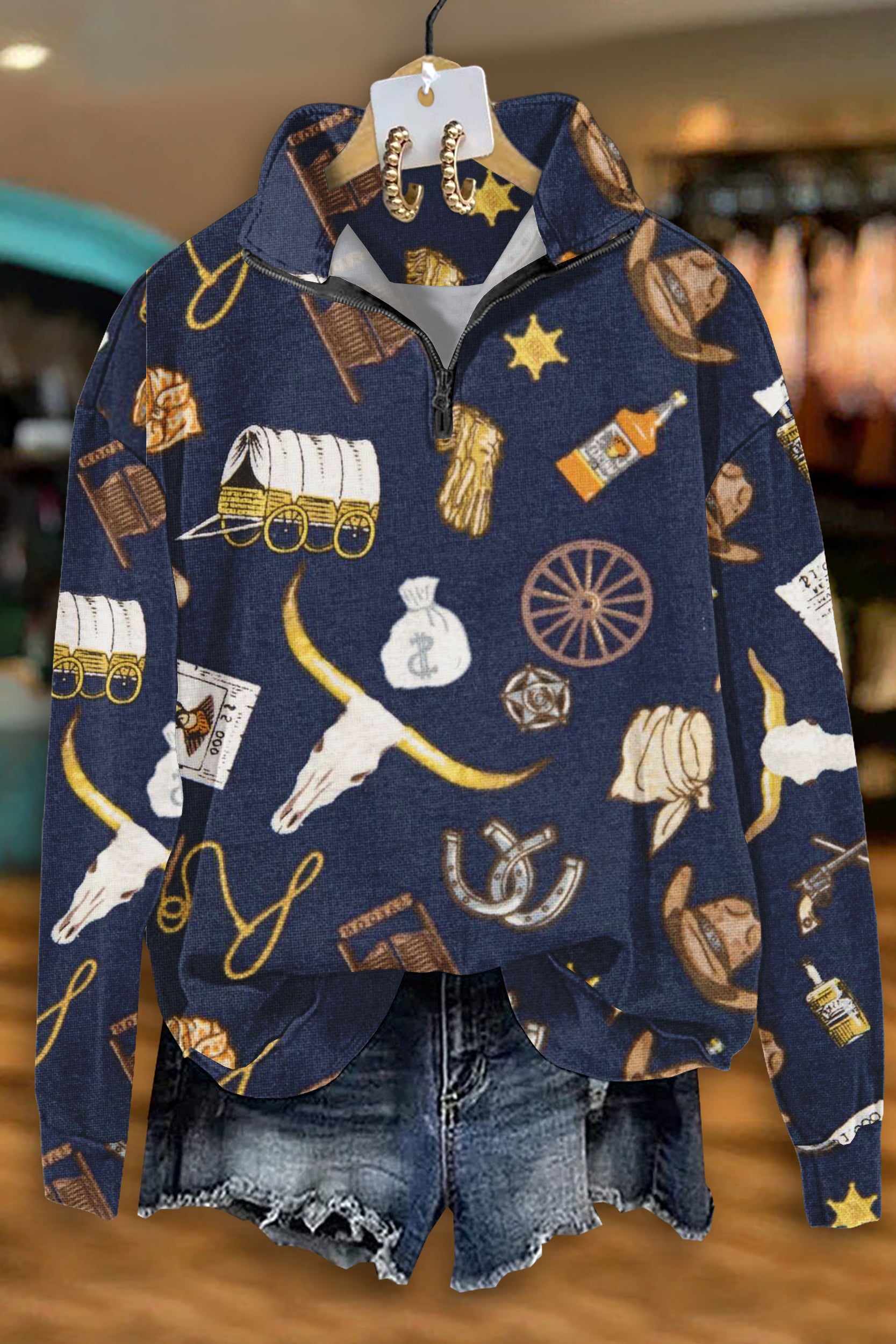 Vintage Western Longhorn Print Zip-Up Sweatshirt