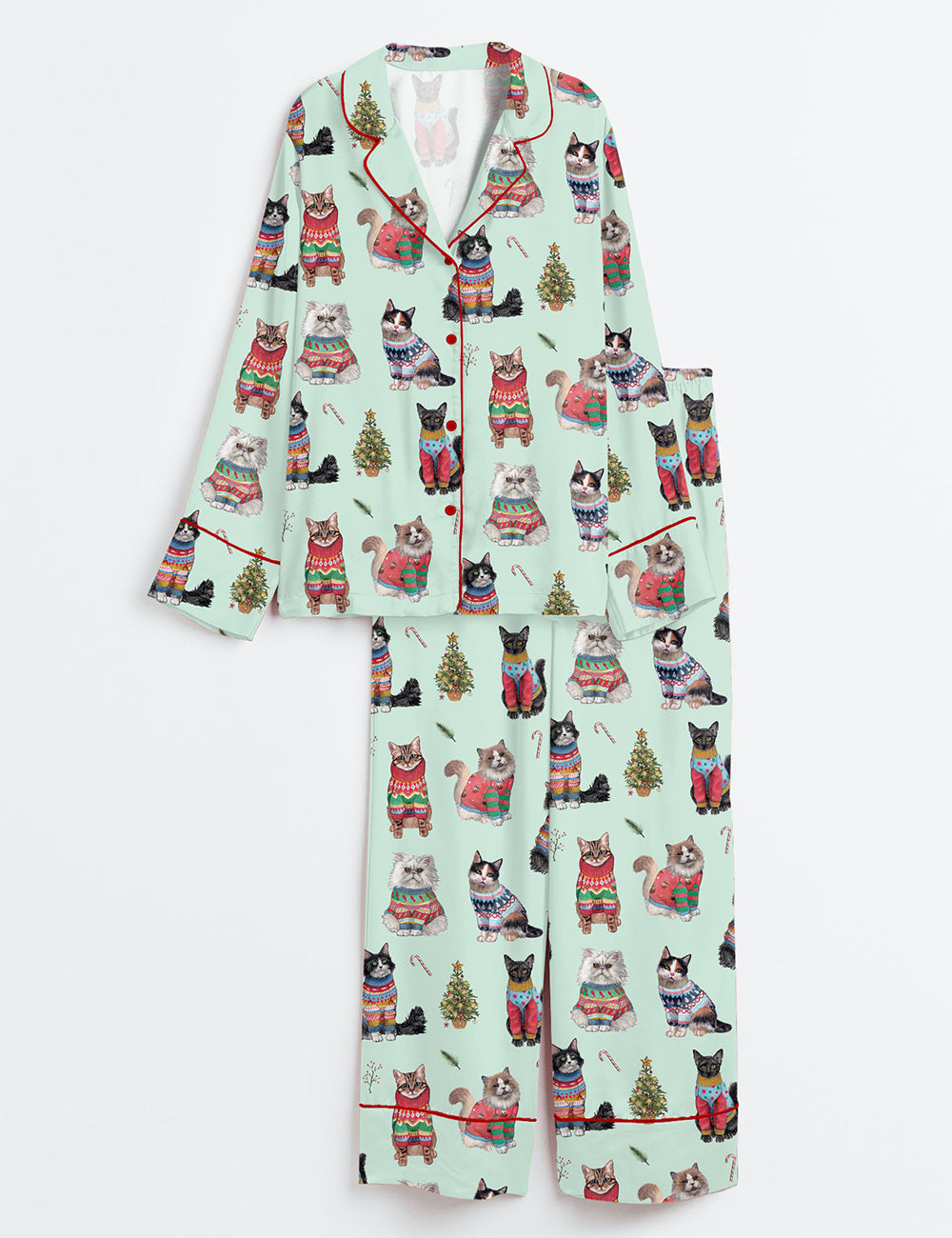 Christmas Cats Long Sleeve Satin Pajama Set