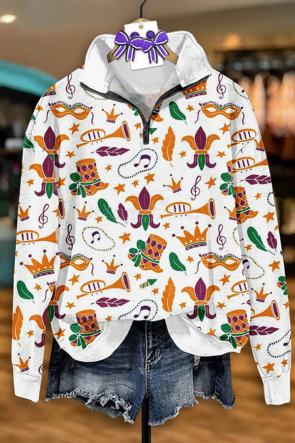 Vintage Mardi Gras Print Zip-Up Sweatshirt