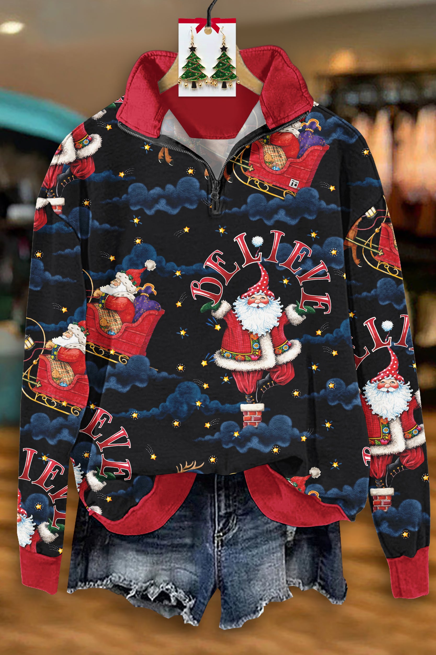 Christmas Black Believe Santa Zip-Up Sweatshirt