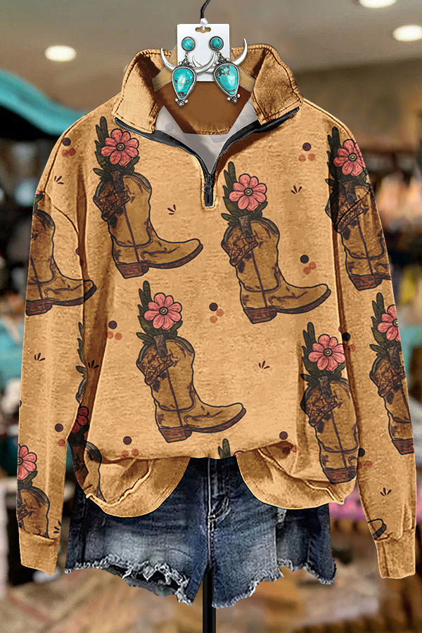 Floral Boot Print Zipper Sweatshirt