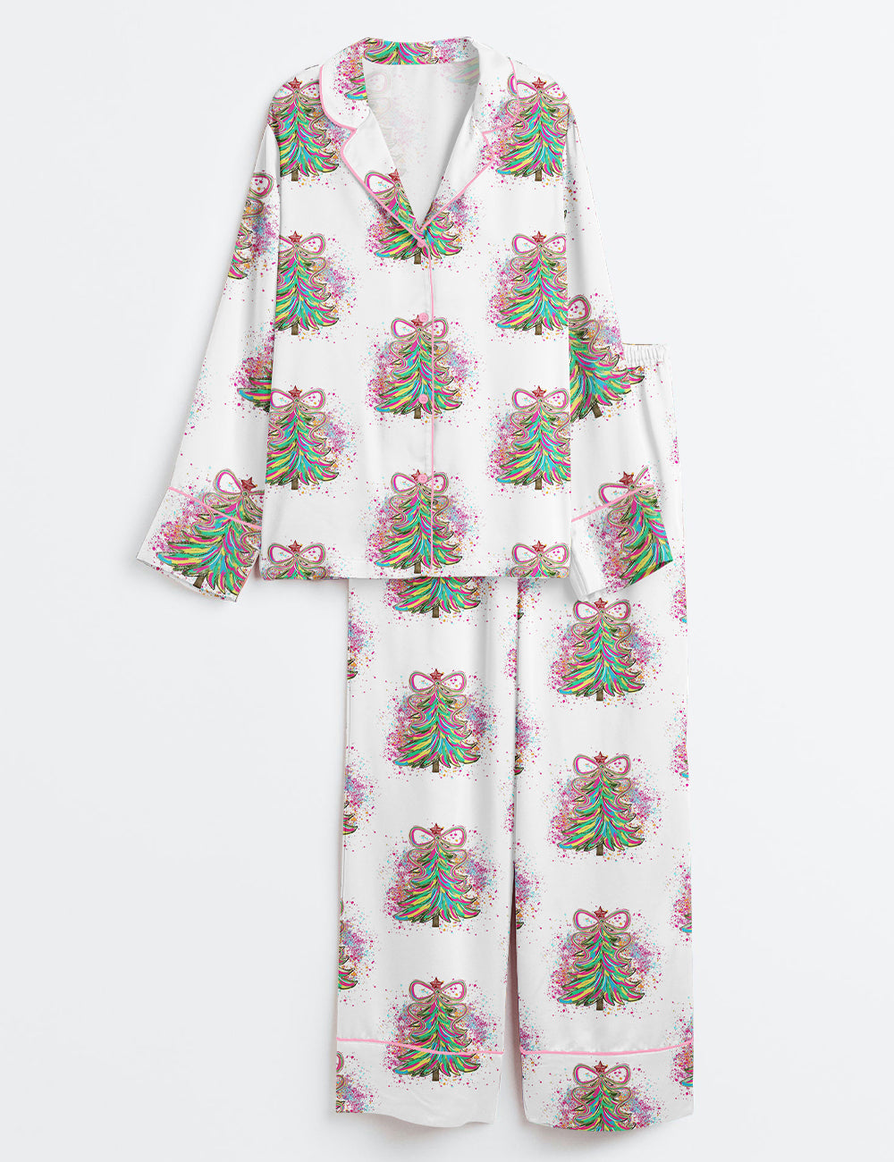 Colorful Coquette Christmas Tree Holly Jolly Pink Christmas Long Sleeve Satin Pajama Set