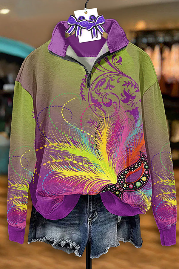 Vintage Mardi Gras Print Zip-Up Sweatshirt