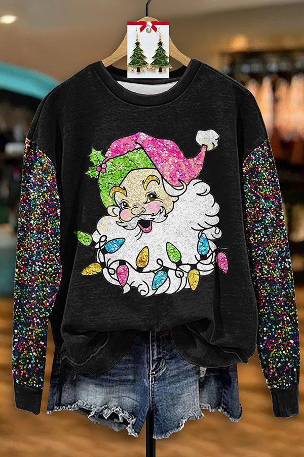 Shiny Sequin Sleeve Santa Print Sweatshirt