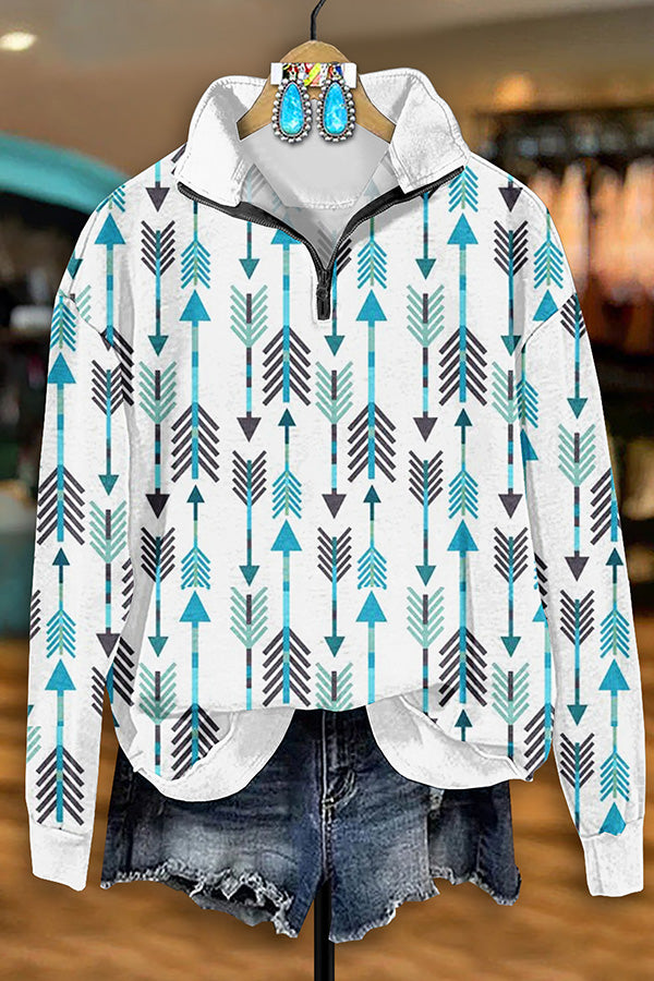 Retro Western Aztec Arrow Print Zip-Up Sweatshirt