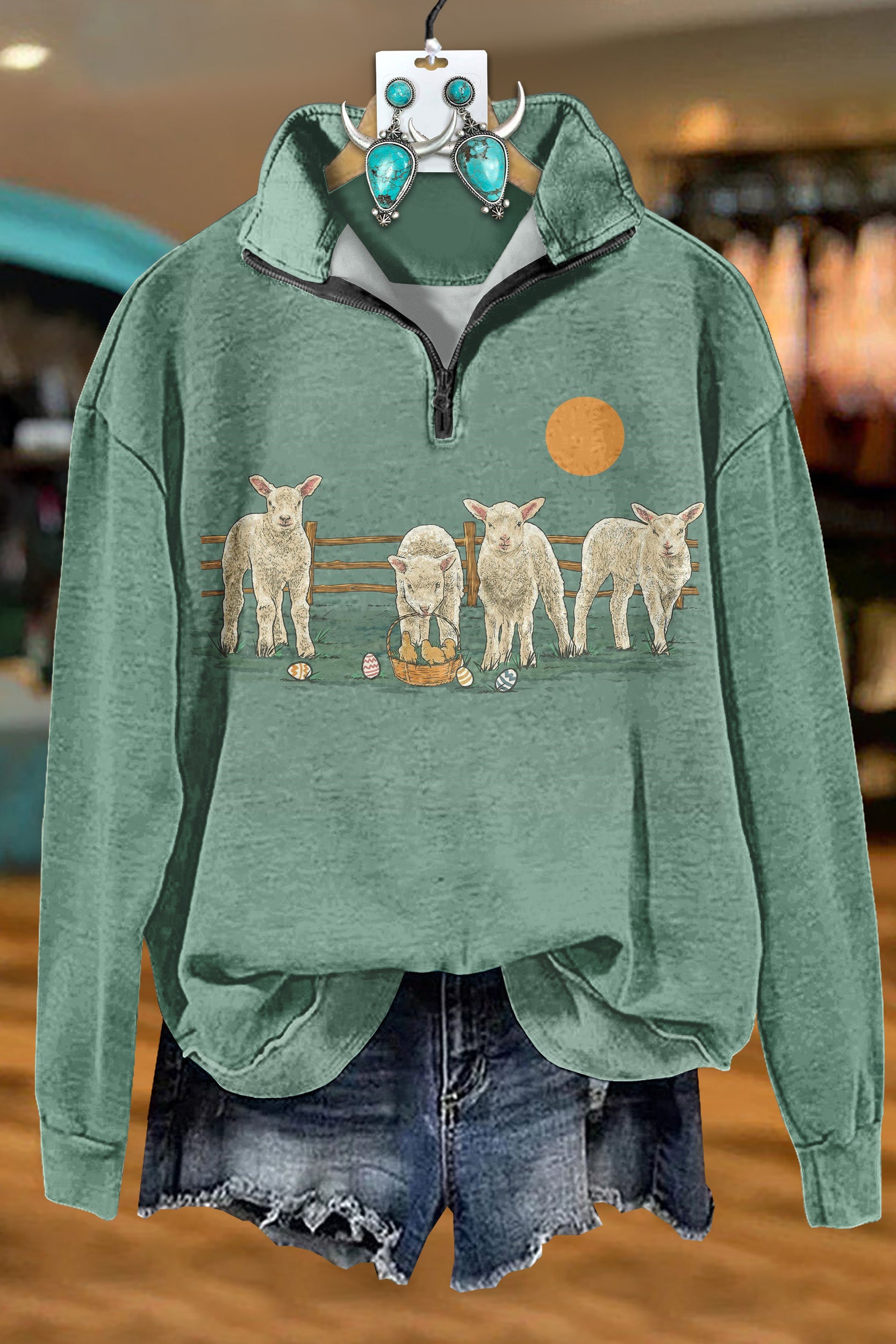 Western Easter Egg Sheep Zip Sweatshirt