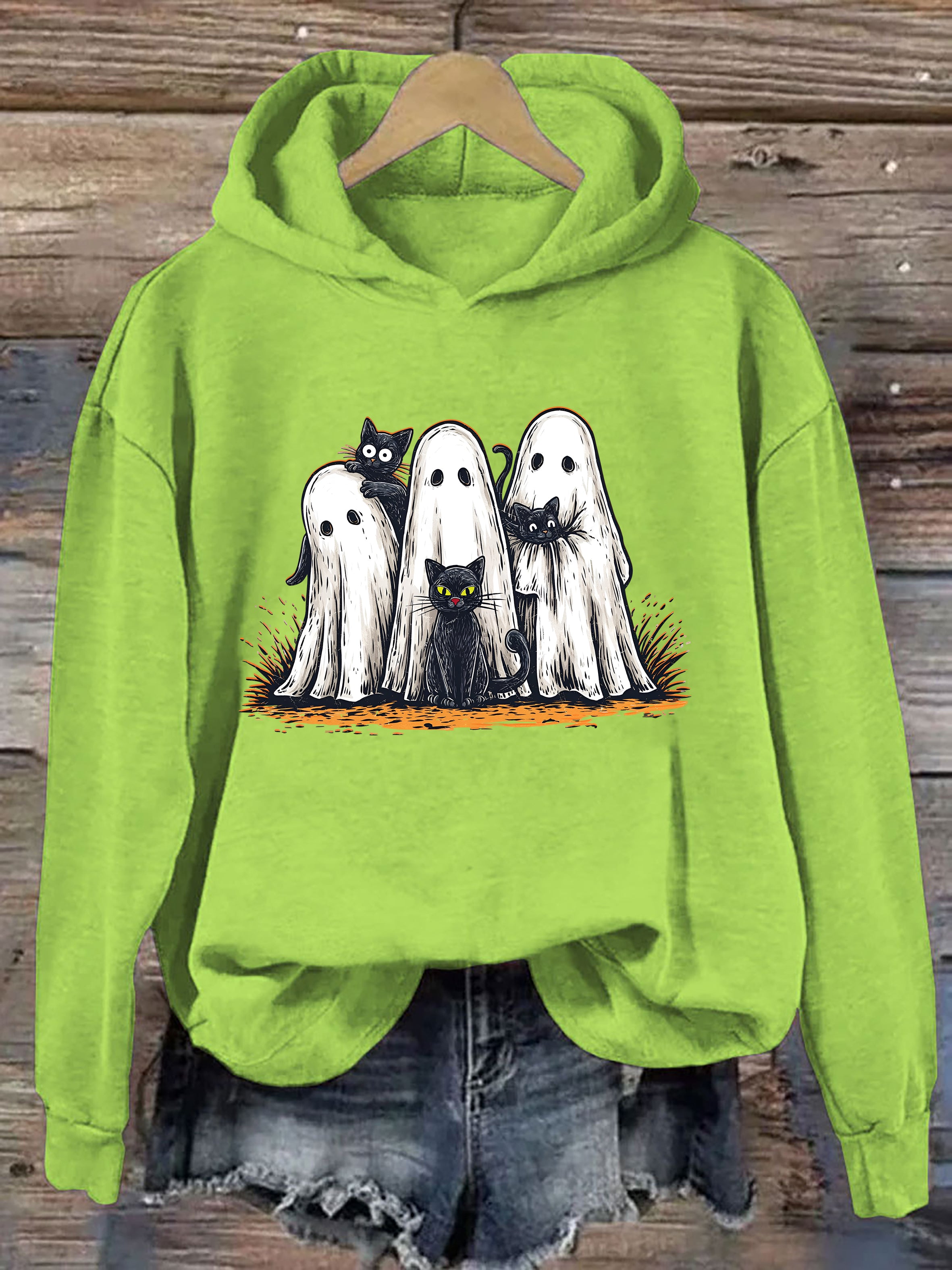Retro Halloween Ghost And Cat Hoodie