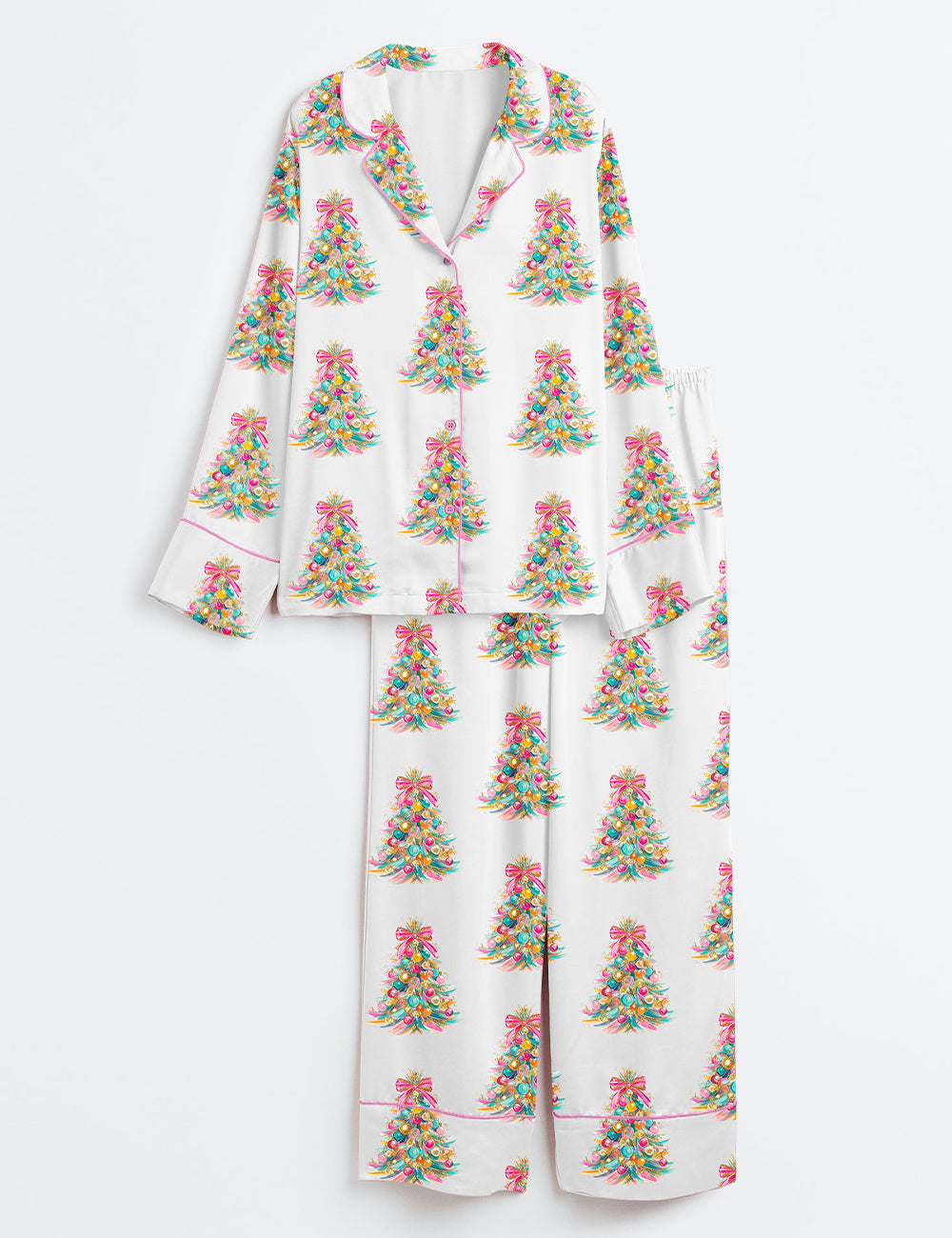 Colorful Coquette Glitter Christmas Tree Festive Coquette Bow Long Sleeve Satin Pajama Set