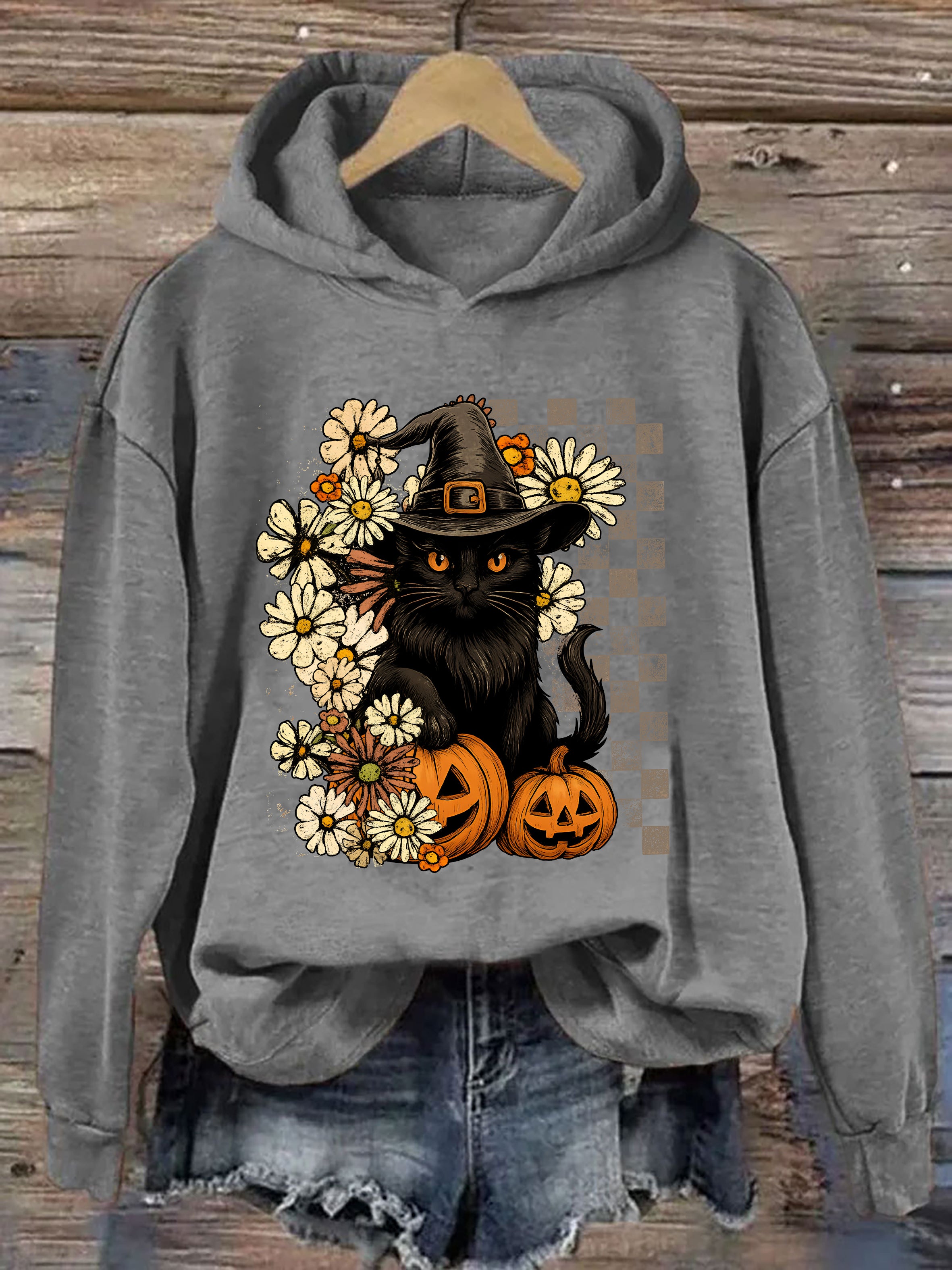 Boho Floral Black Cat Hoodie