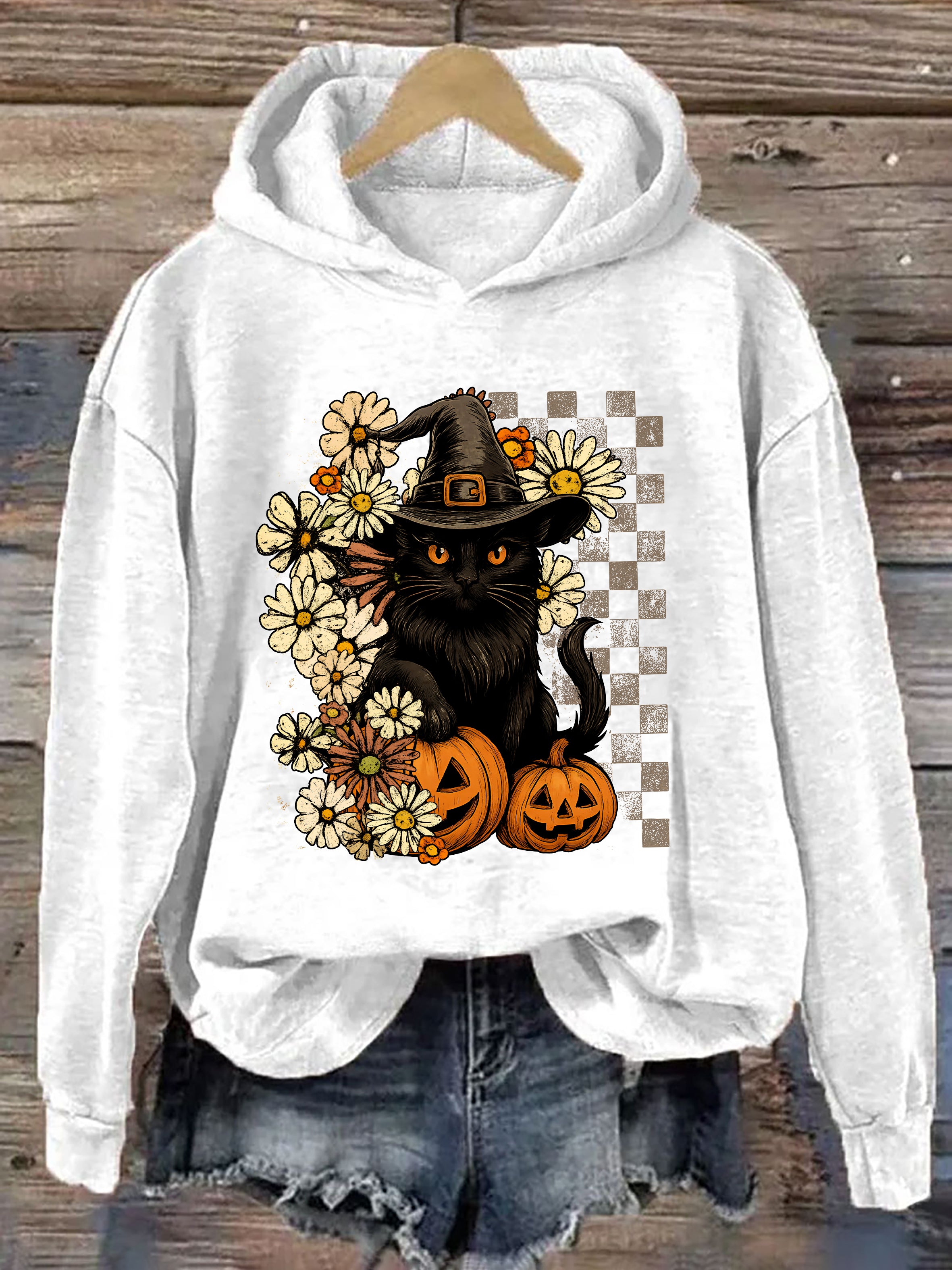 Boho Floral Black Cat Hoodie