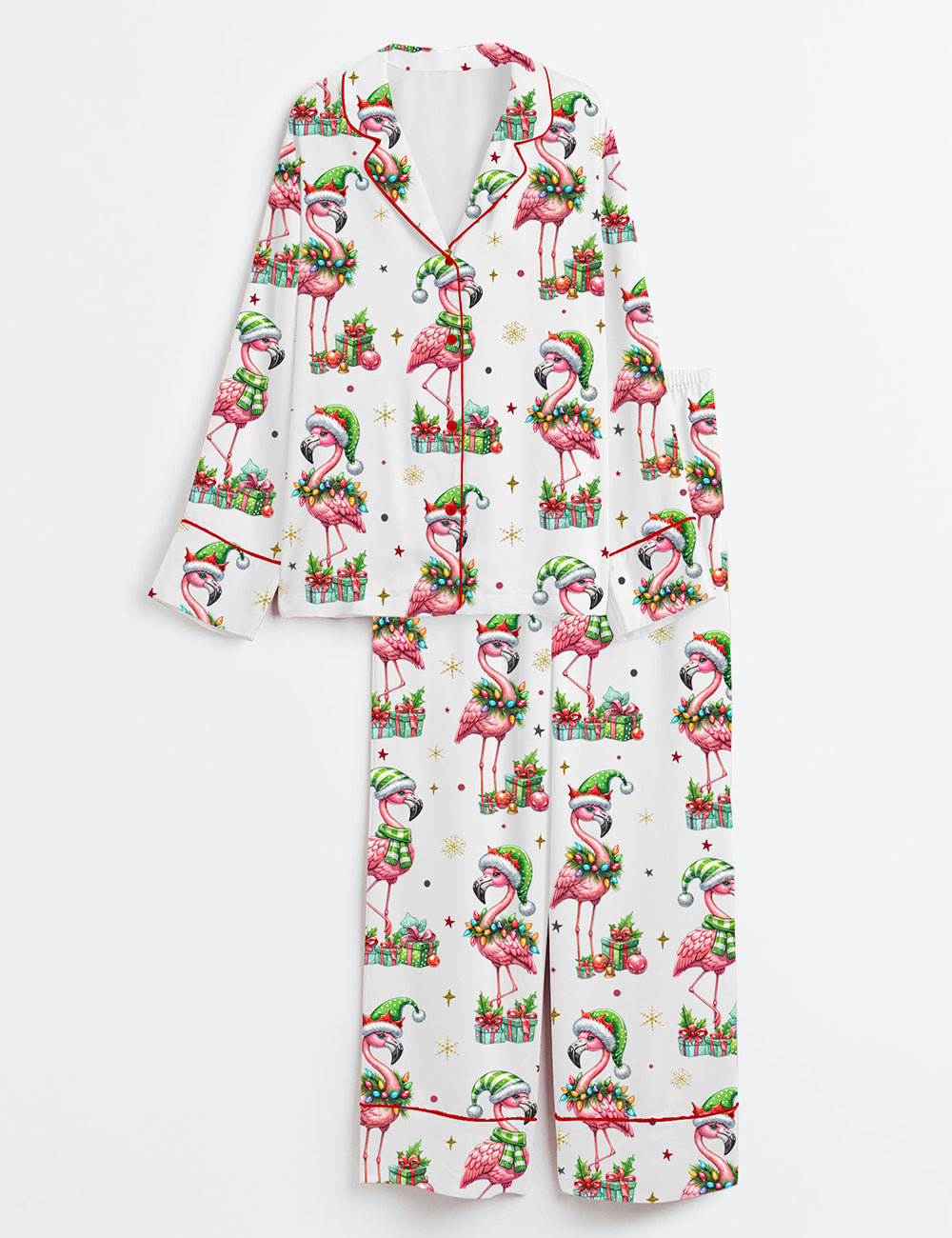 Festive Christmas Flamingo Holiday Animal Long Sleeve Satin Pajama Set