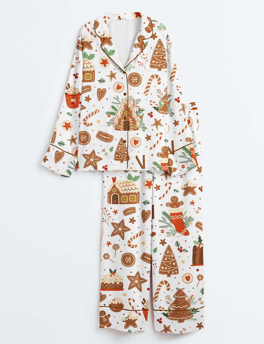 Christmas Baking With Gingerbread Houses Tree Cookies Candy Cane Sweet Winter Holidays Long Sleeve Satin Pajama Set