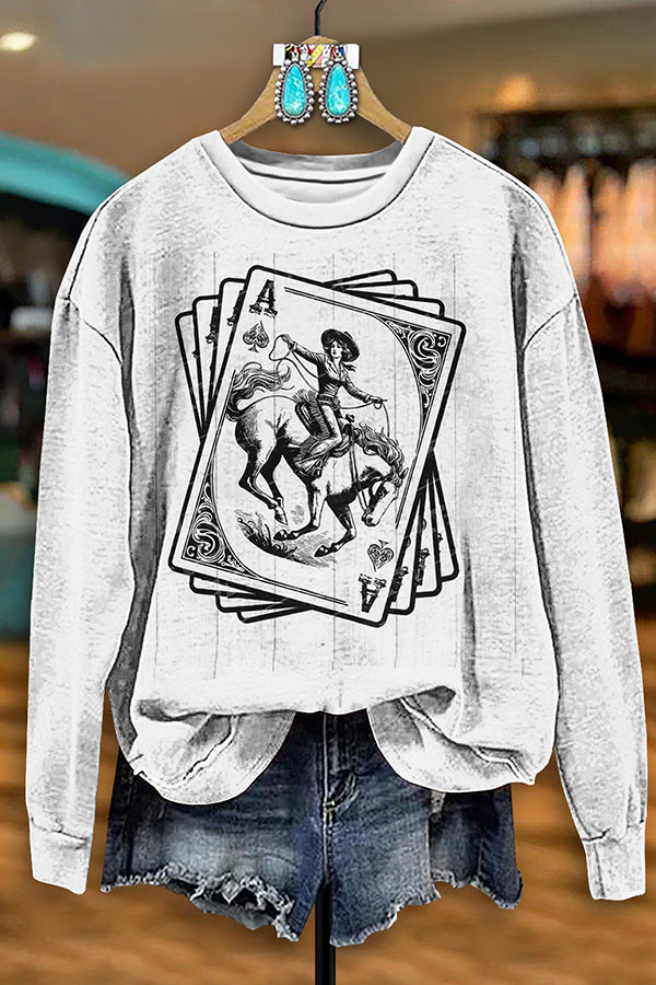 Retro Western Cowgirl Playing Cards Print Sweatshirt