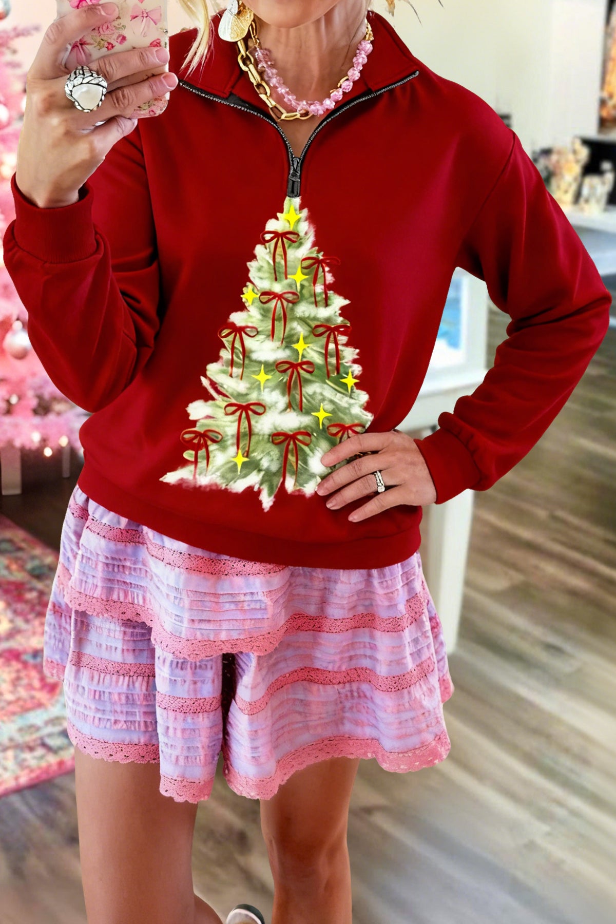 Classic Christmas Tree Bow Print Zip-Up Sweatshirt