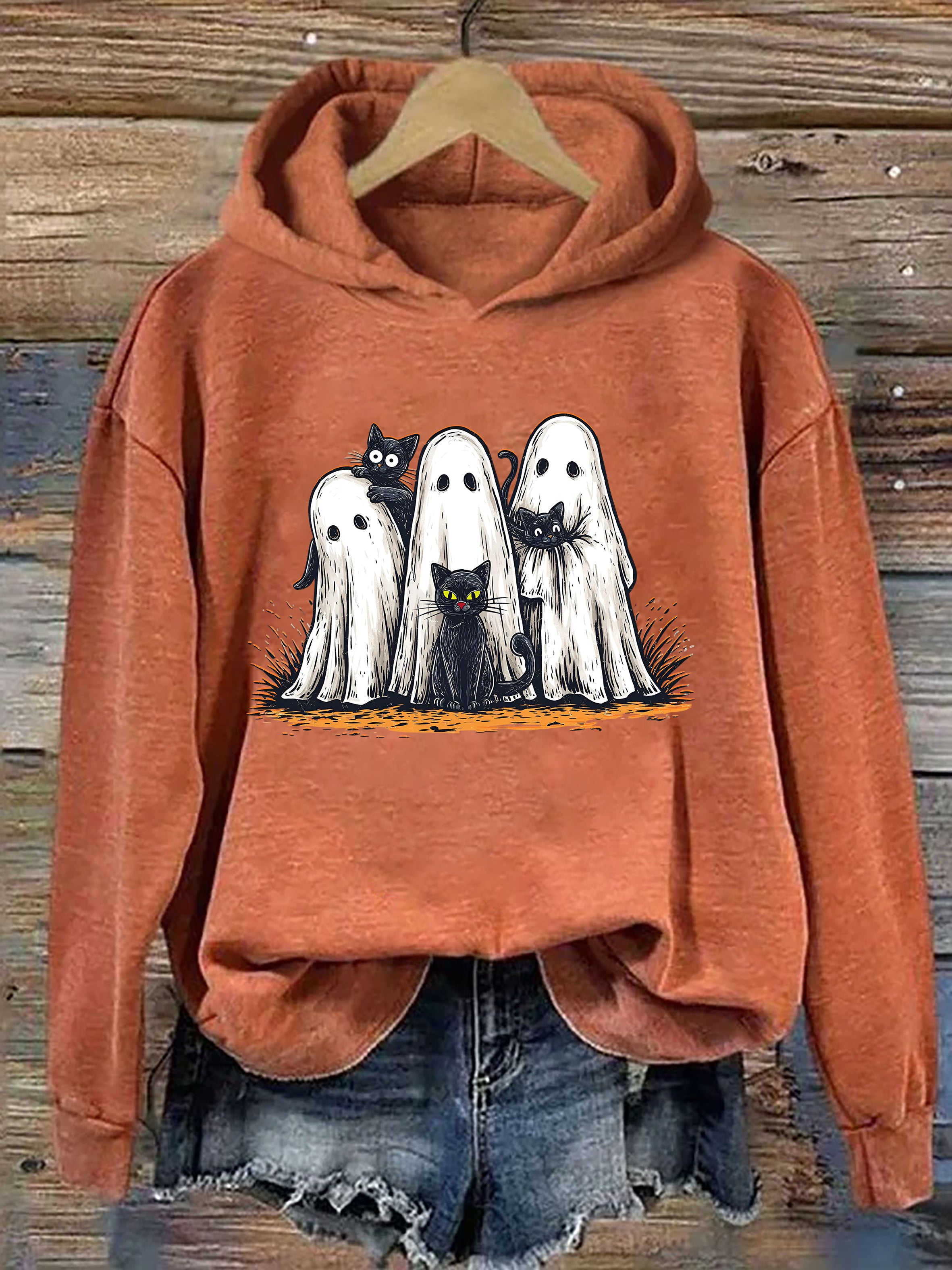 Retro Halloween Ghost And Cat Hoodie
