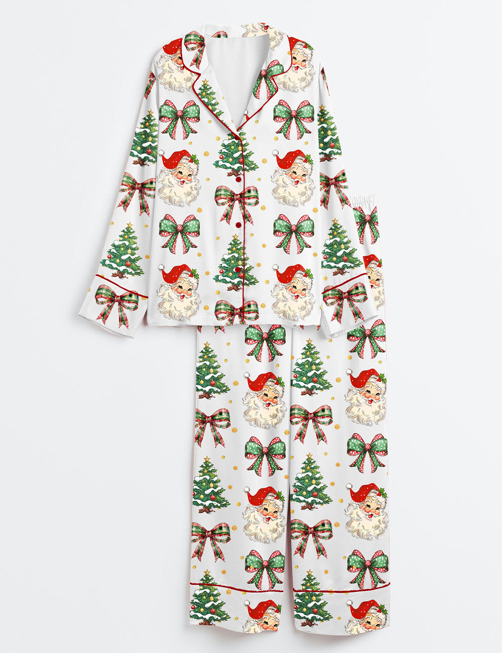 Coquette Christmas Santa Christmas Tree On Gold Dots Long Sleeve Satin Pajama Set