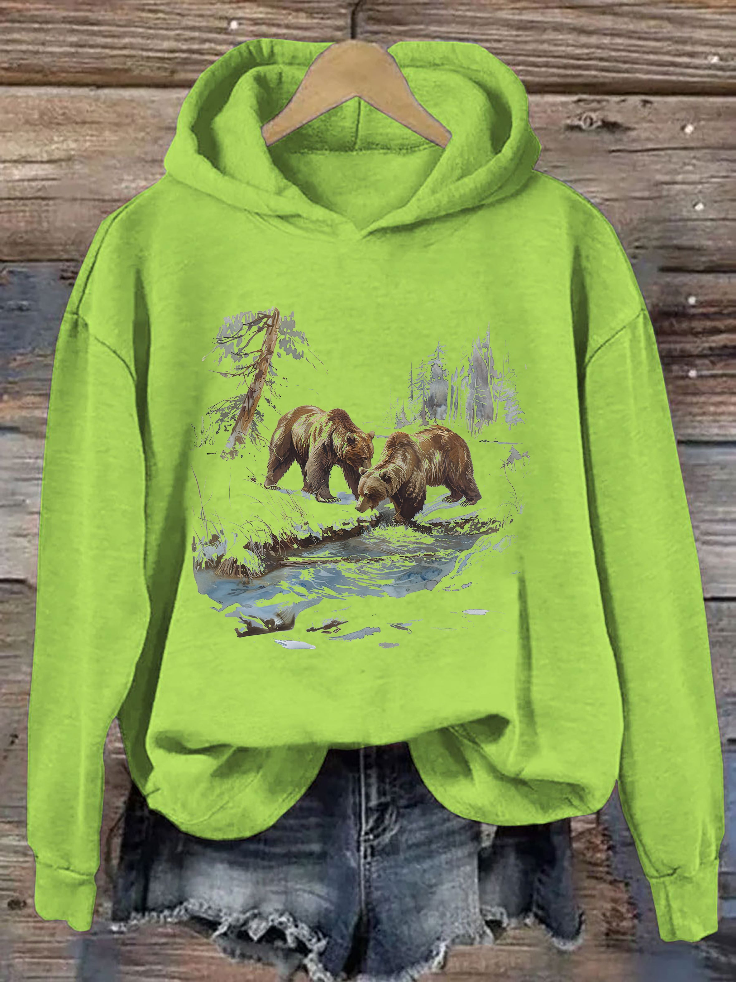 Retro Grizzly Bears Wilderness Scene Hoodie
