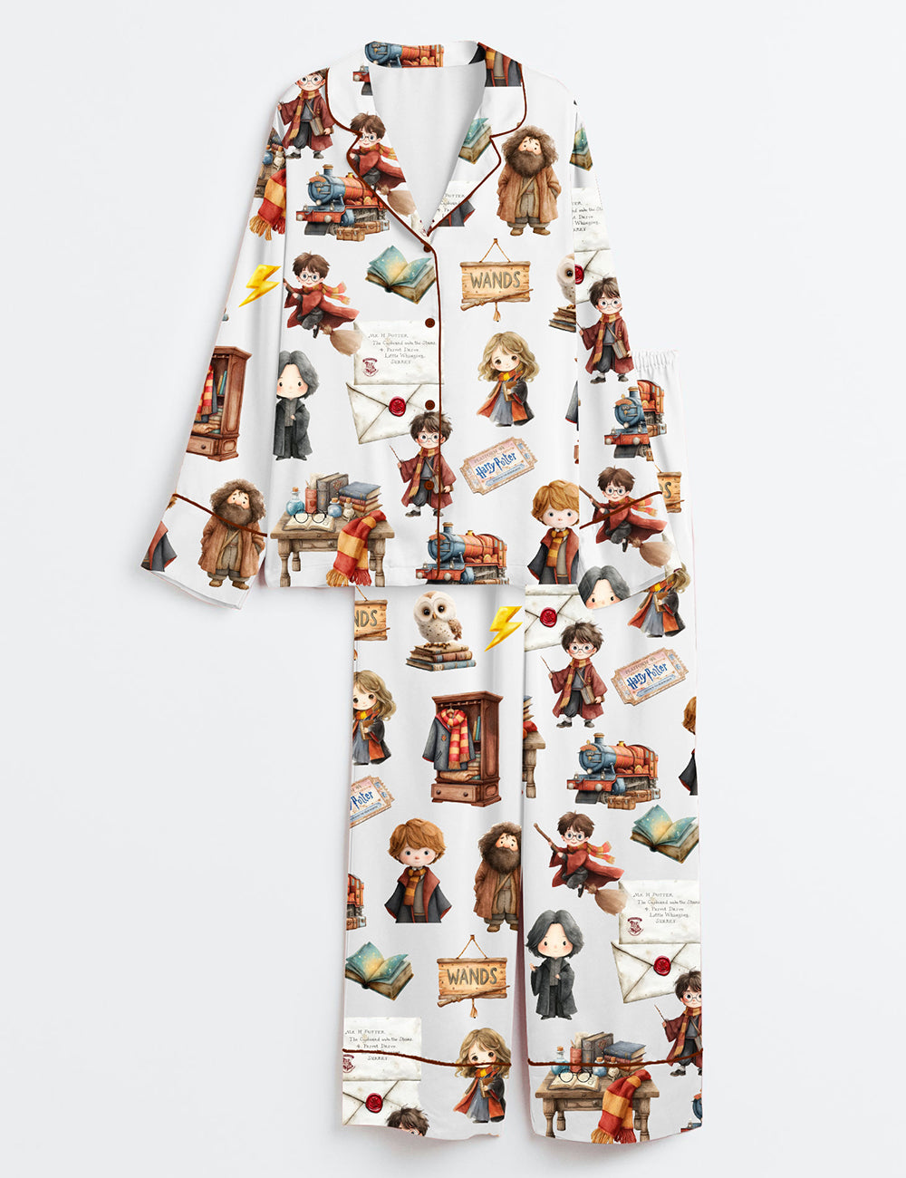 Watercolour Wizard School Owl Wand Book Magic Potion Long Sleeve Satin Pajama Set