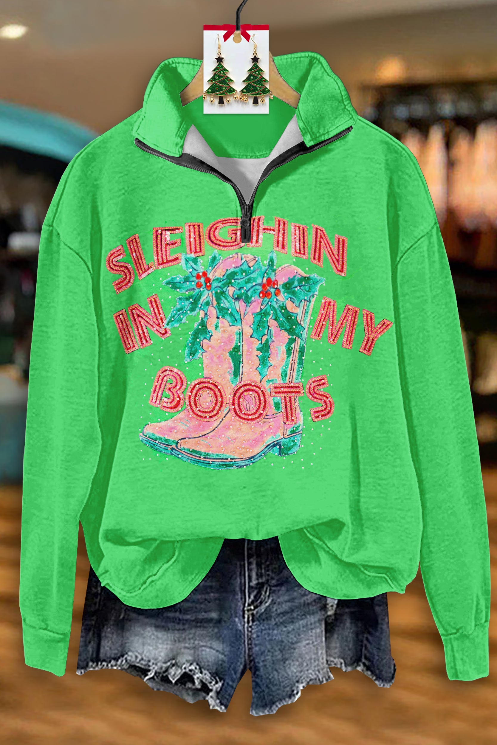 Christmas Western Boots Zip-Up Sweatshirt
