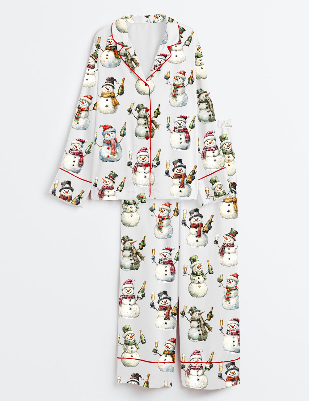 Snowman With Champagne Long Sleeve Satin Pajama Set