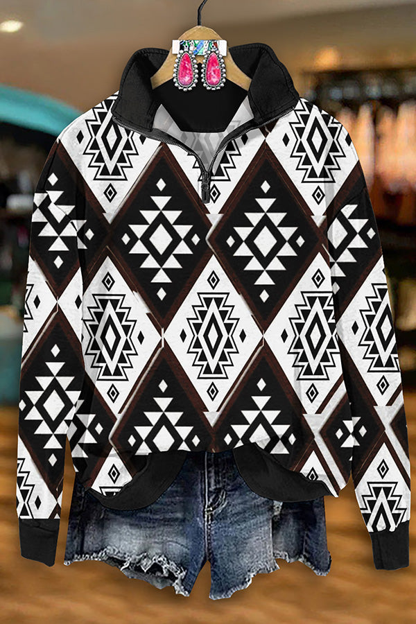 Retro Western Aztec Print Zip-Up Sweatshirt