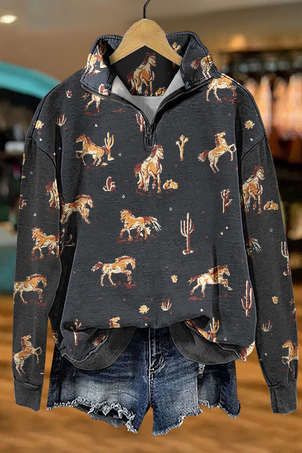 Western Retro Cowboy Horserace Print Sweatshirt