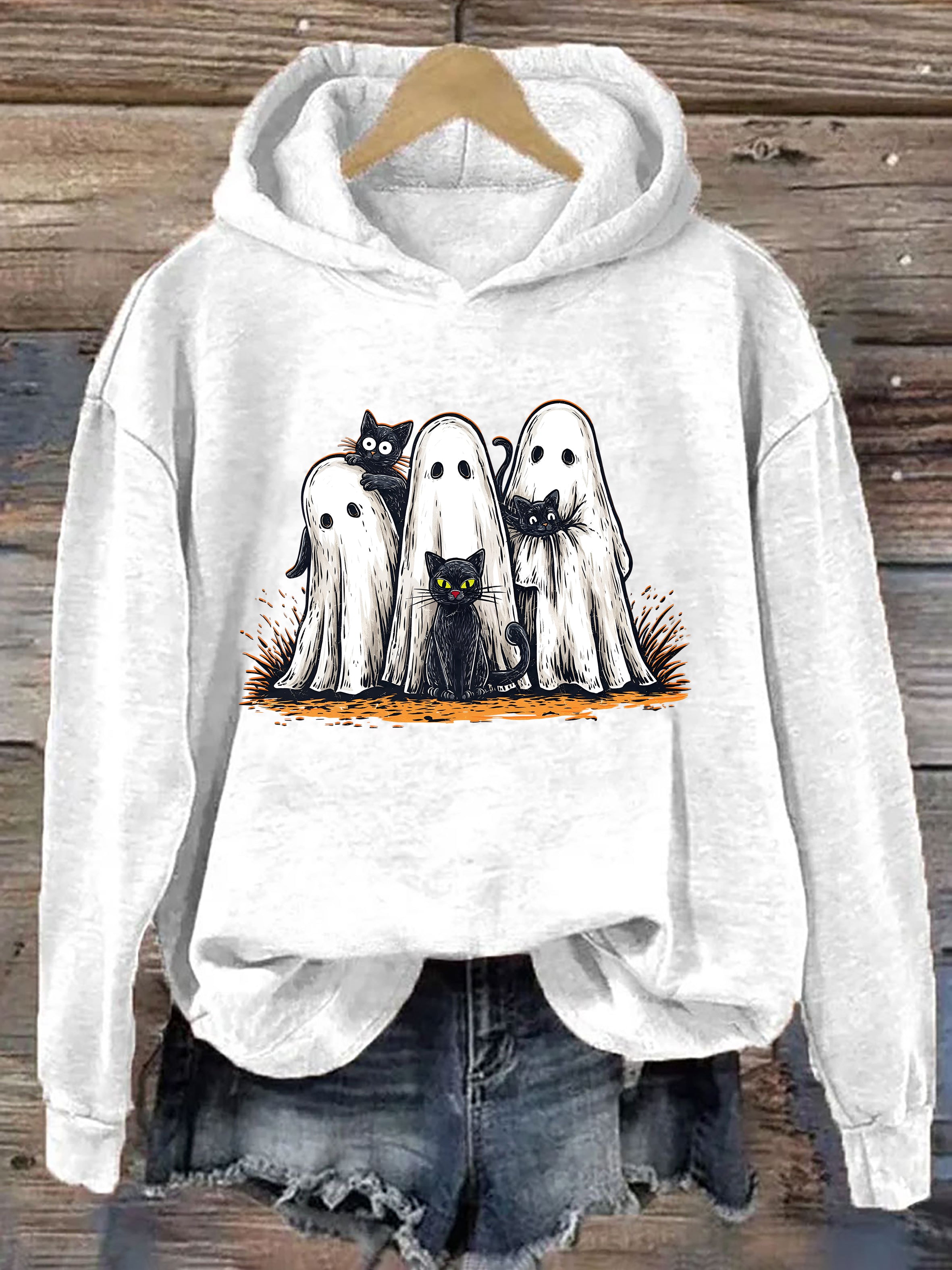 Retro Halloween Ghost And Cat Hoodie