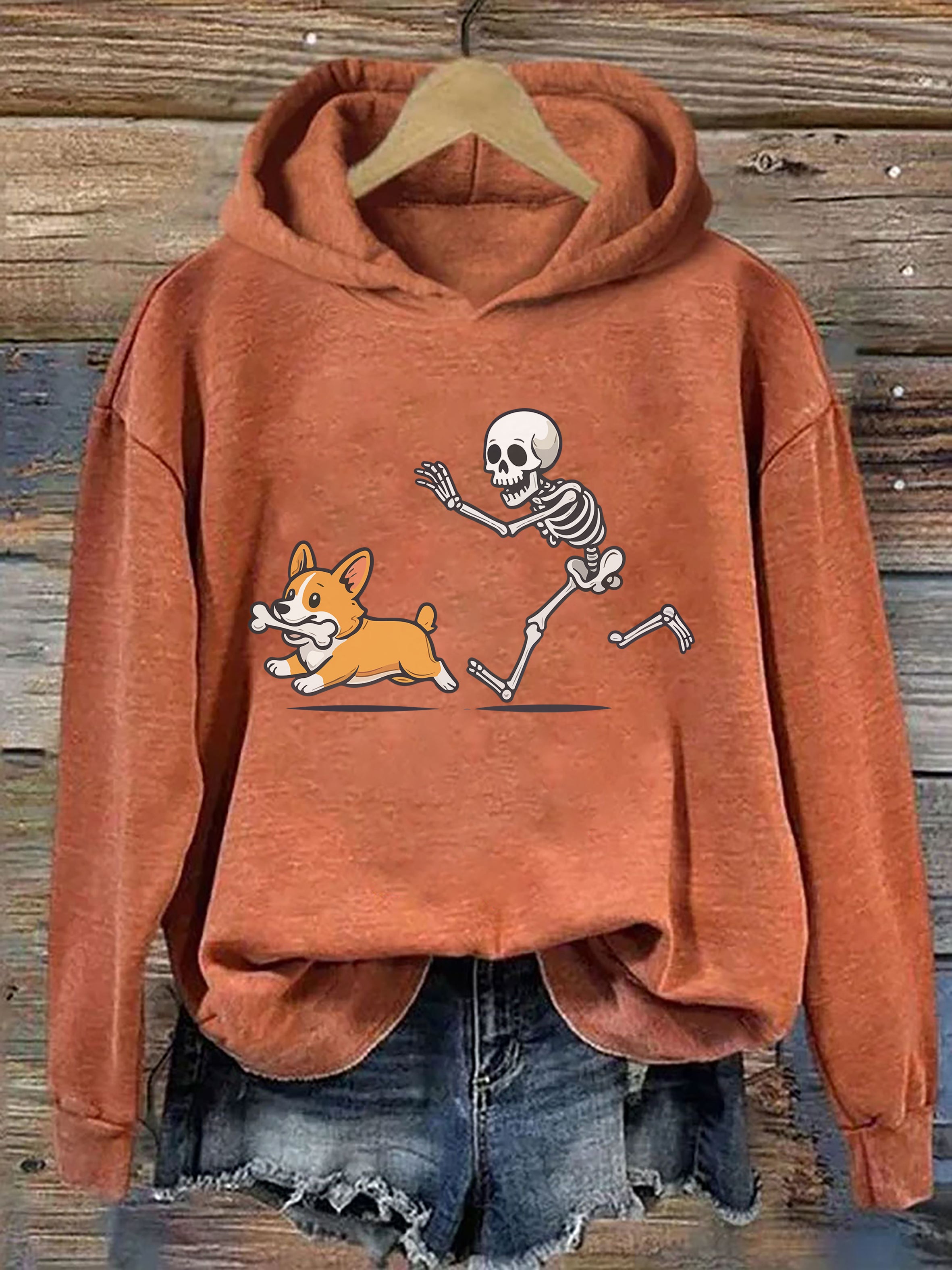 Funny Skeleton Chasing Corgi Hoodie