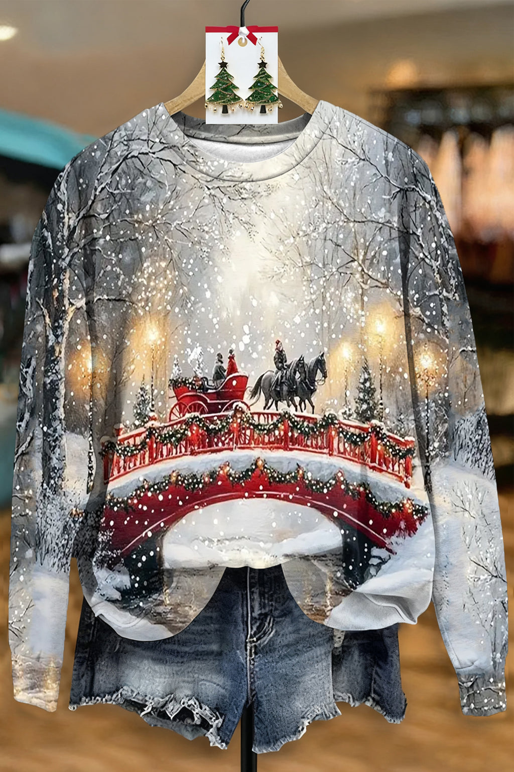 CHRISTMAS OIL PAINTING PRINT CREW NECK SWEATSHIRT