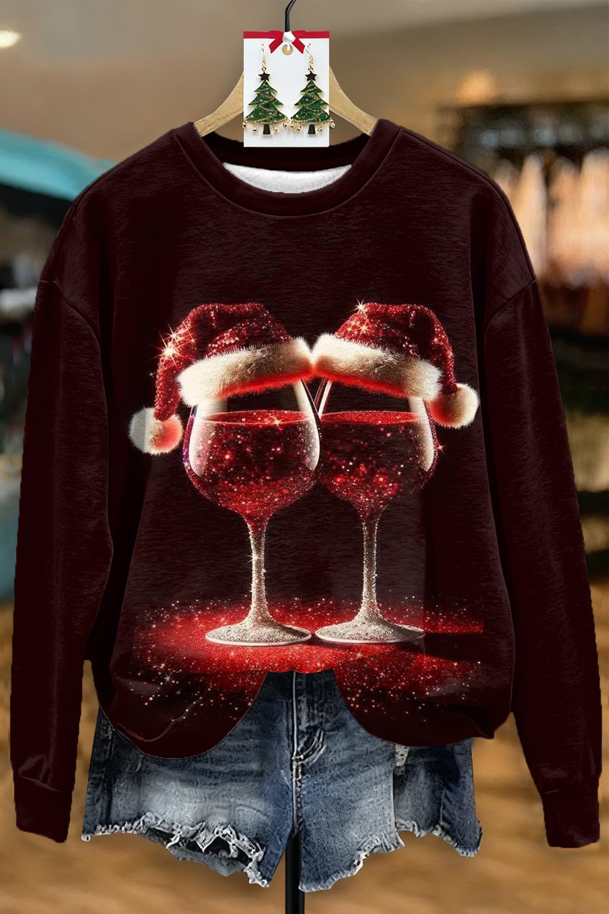 CHRISTMAS RED WINE GLASS CREW NECK SWEATSHIRT
