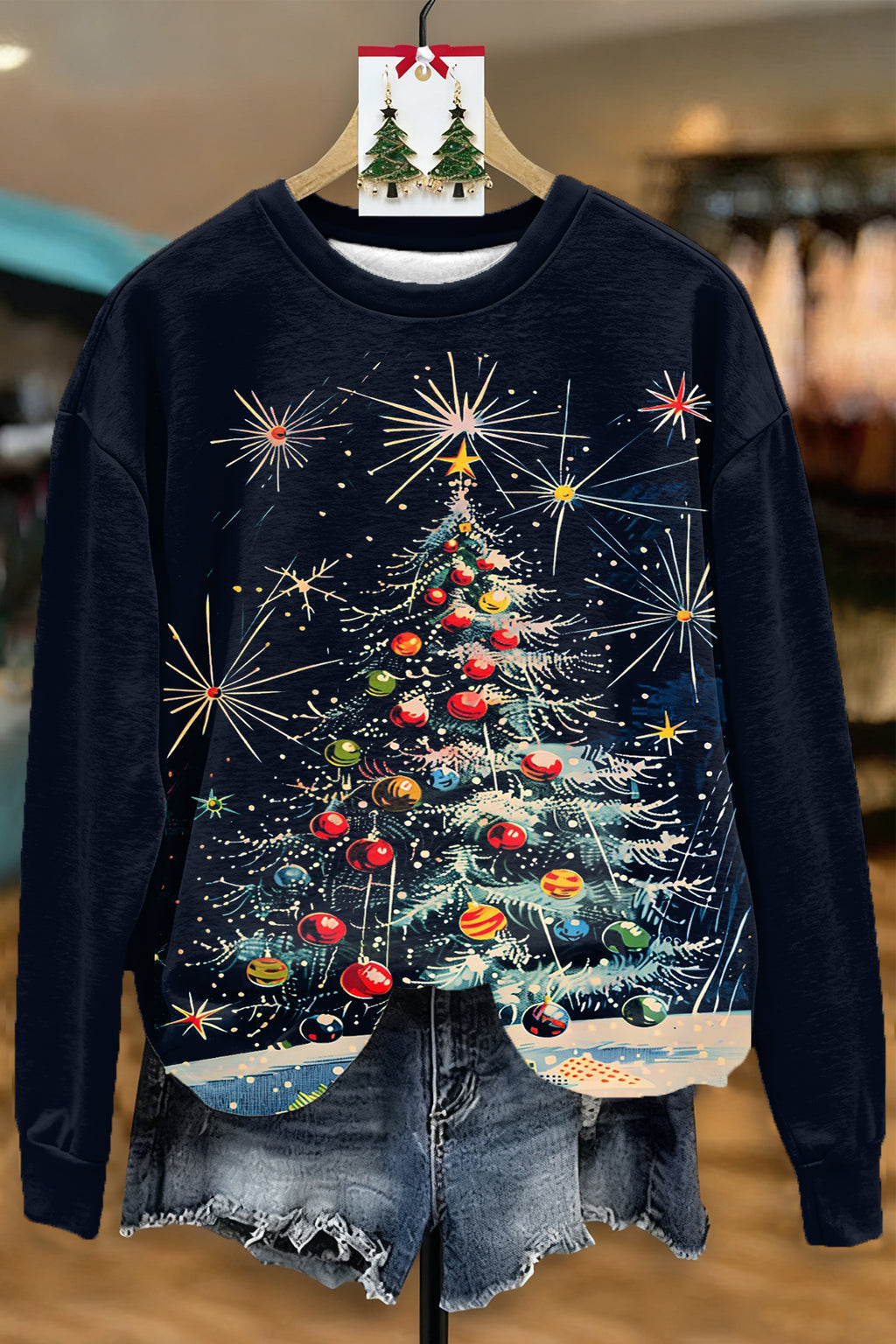 CHRISTMAS TREE OIL PAINTING PRINT CREW NECK SWEATSHIRT