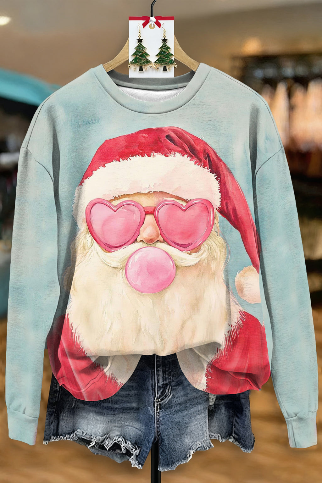 CUTE CHRISTMAS OIL PAINTING PRINT CREW NECK SWEATSHIRT