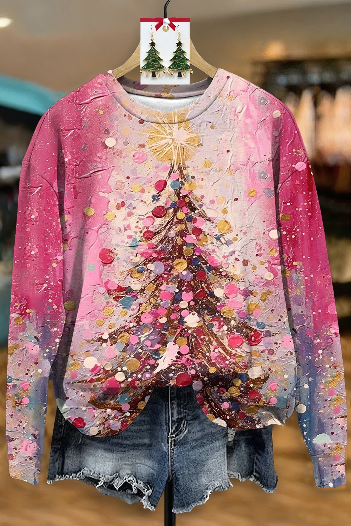 CUTE CHRISTMAS TREE PRINT CREW NECK SWEATSHIRT