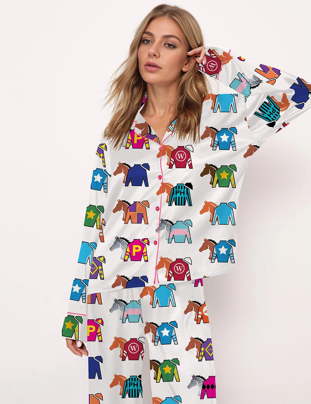 Long Sleeve Kentucky Derby Contenders Colorful Jockey Horse Racing Satin Pajama Set