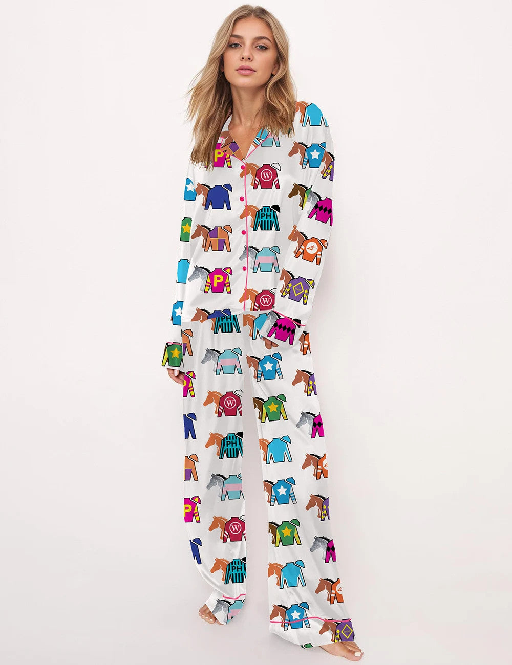 Long Sleeve Kentucky Derby Contenders Colorful Jockey Horse Racing Satin Pajama Set