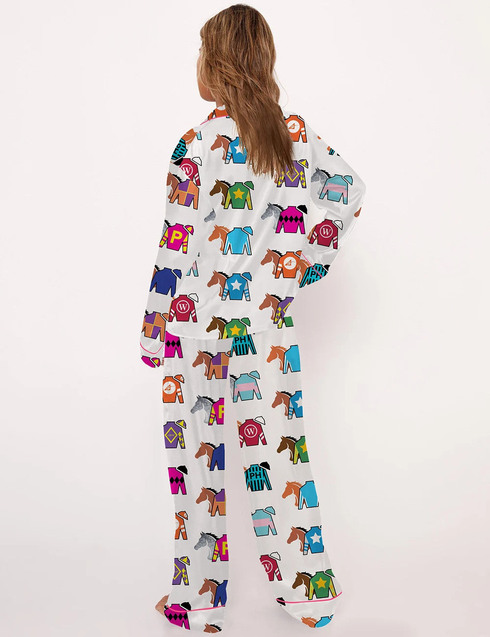 Long Sleeve Kentucky Derby Contenders Colorful Jockey Horse Racing Satin Pajama Set