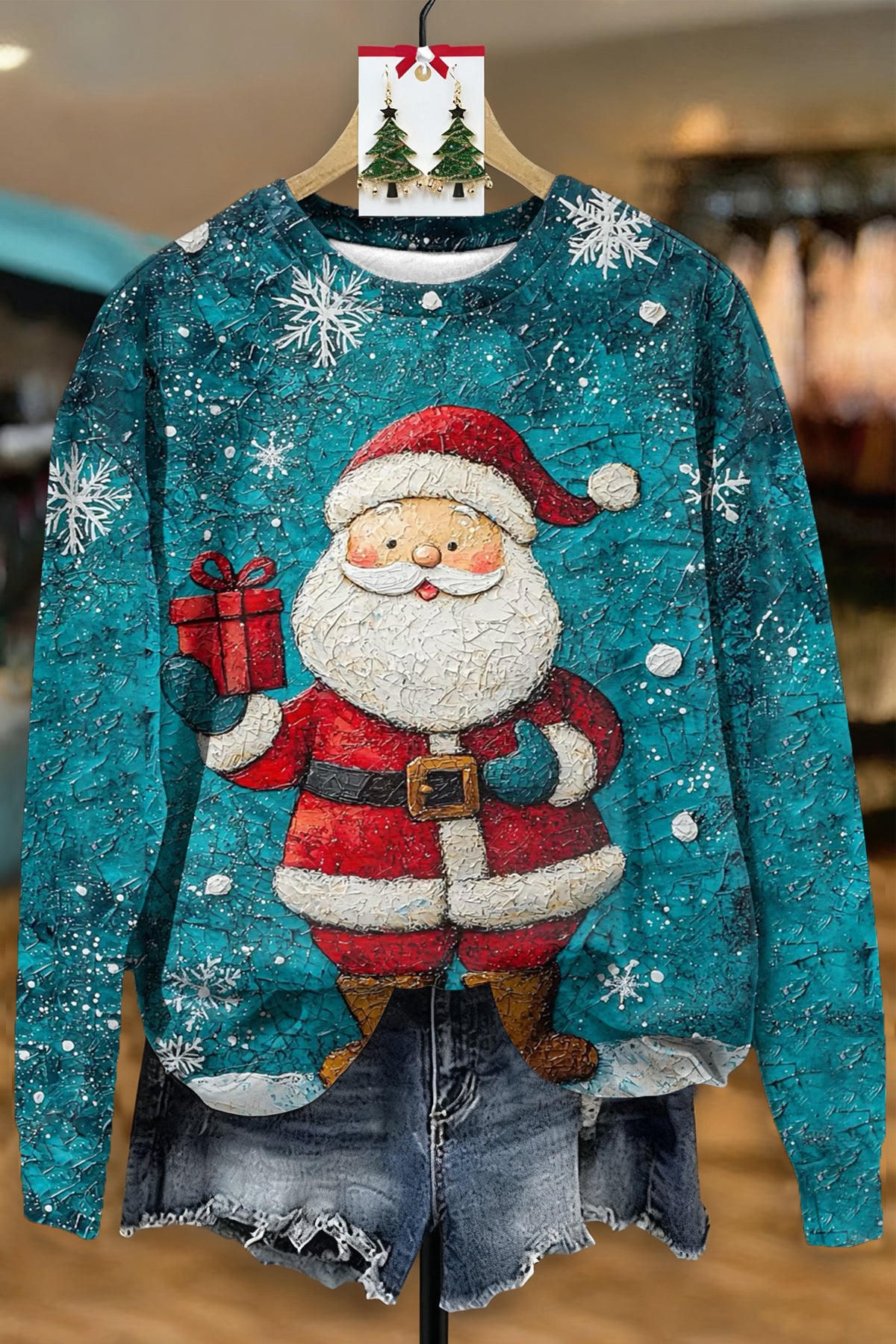 SANTA CLAUS AND SNOWFLAKE PRINT CREW NECK SWEATSHIRT