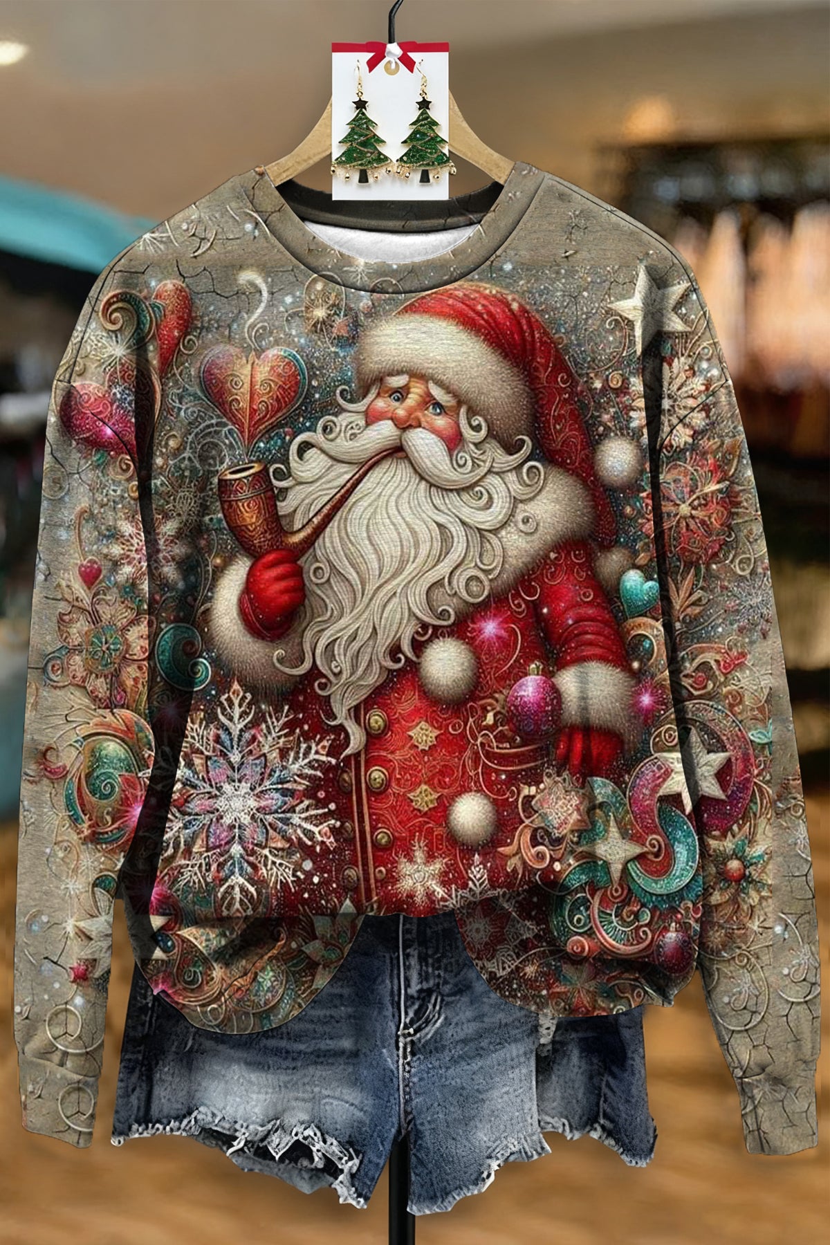 SANTA CLAUS RETRO PRINT CREW NECK SWEATSHIRT