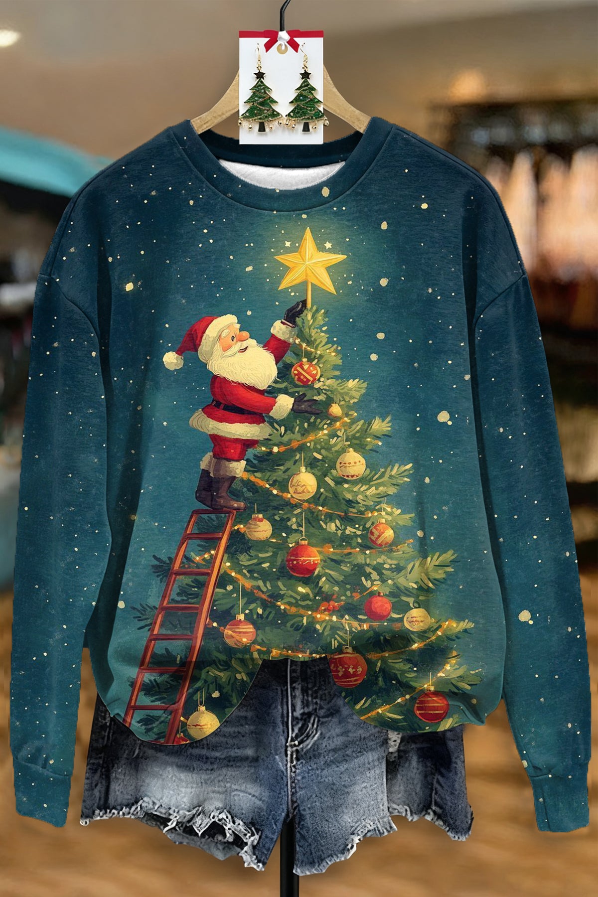 SANTA CLAUS AND TREE PRINT CREW NECK SWEATSHIRT