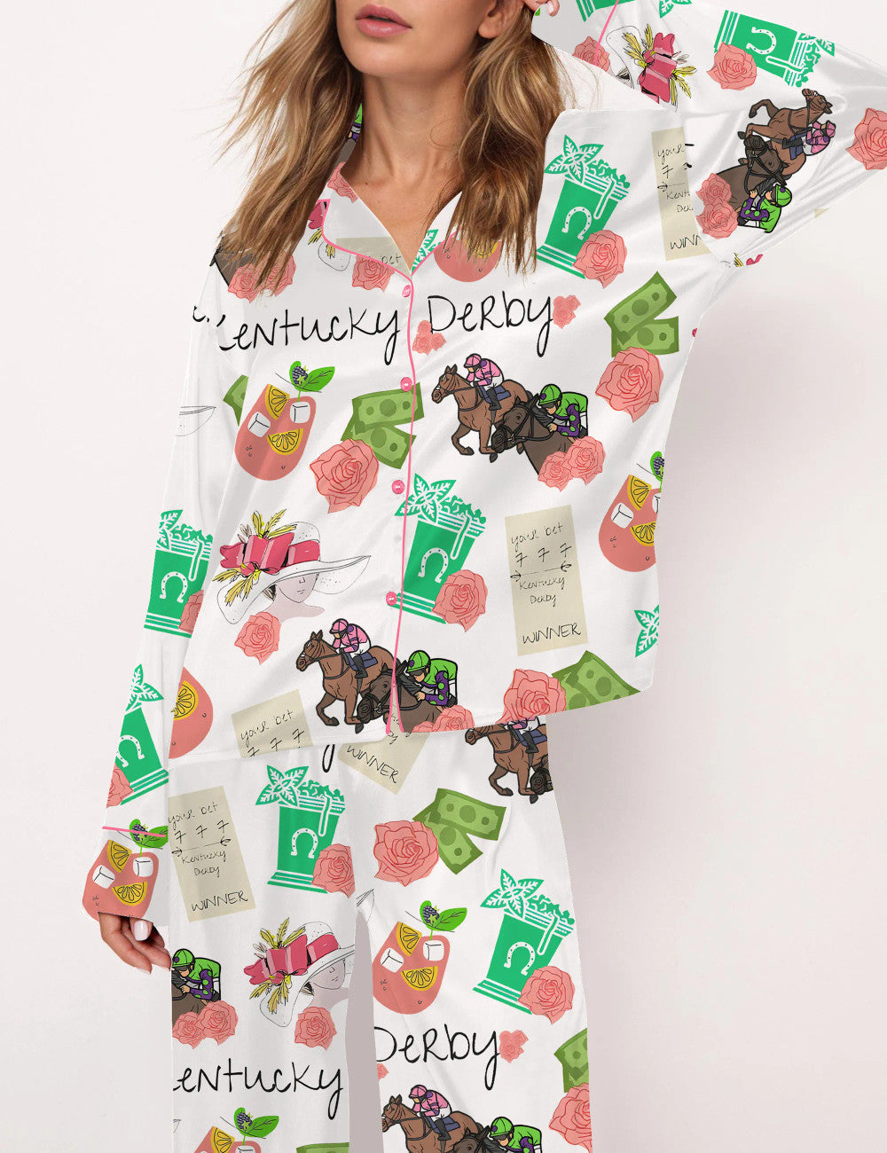 Long Sleeve Kentucky Derby Horse Satin Pajama Set For Women