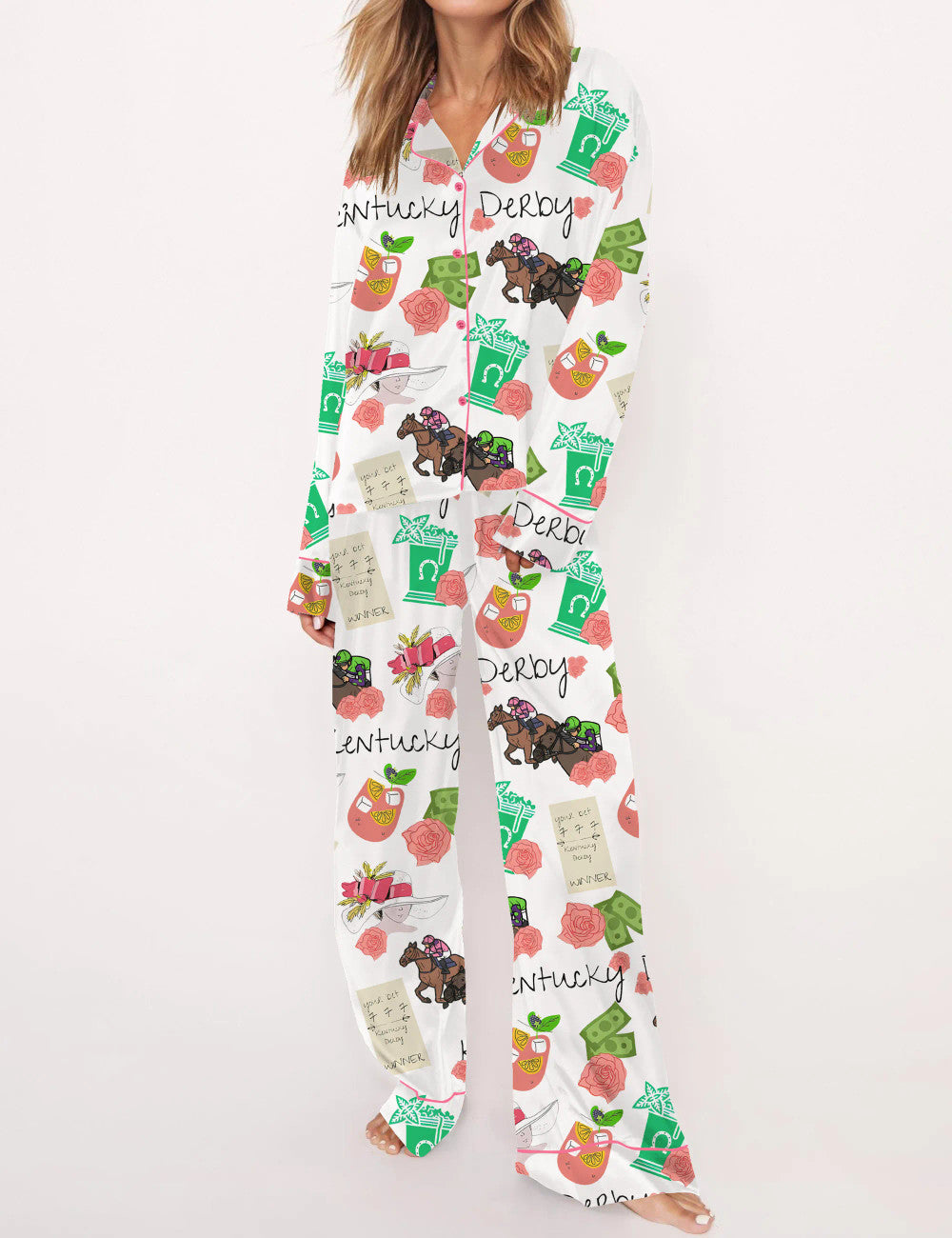 Long Sleeve Kentucky Derby Horse Satin Pajama Set For Women