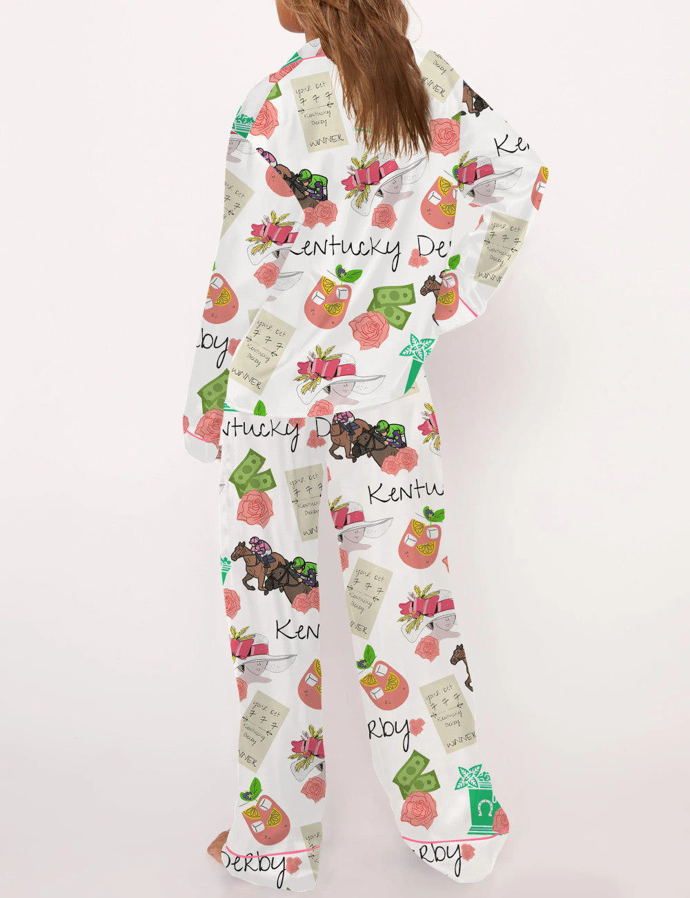 Long Sleeve Kentucky Derby Horse Satin Pajama Set For Women