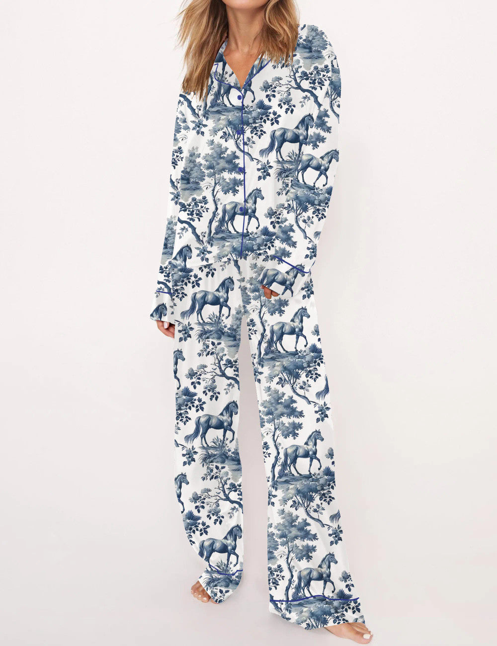 Long Sleeve Horse Toile Silky Satin Pajama Set For Women