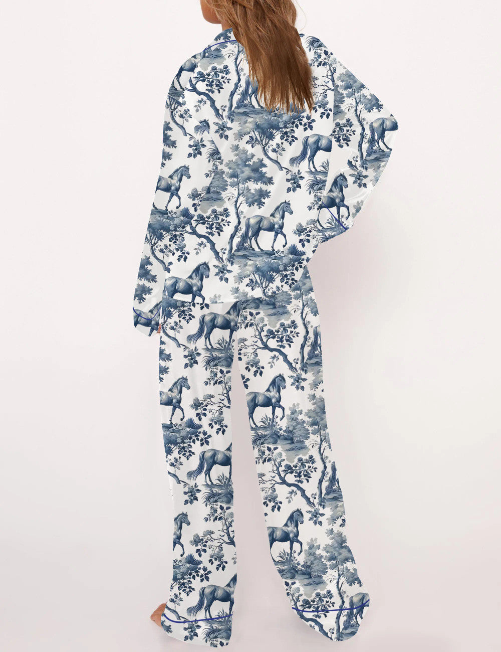 Long Sleeve Horse Toile Silky Satin Pajama Set For Women