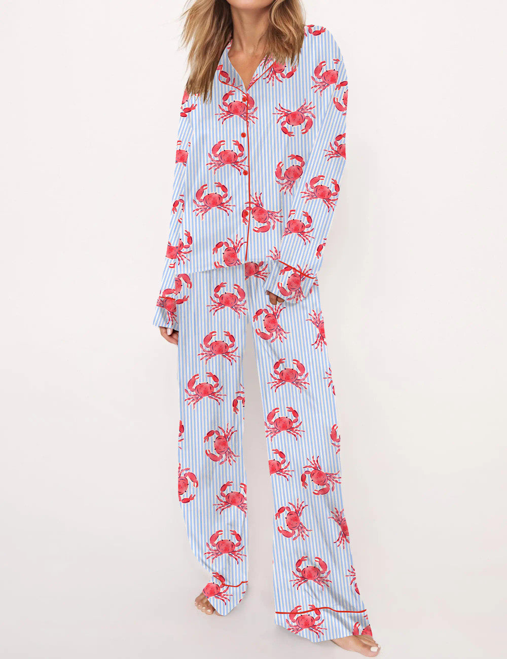 Long Sleeve Crab Stripe Silky Satin Pajama Set For Women