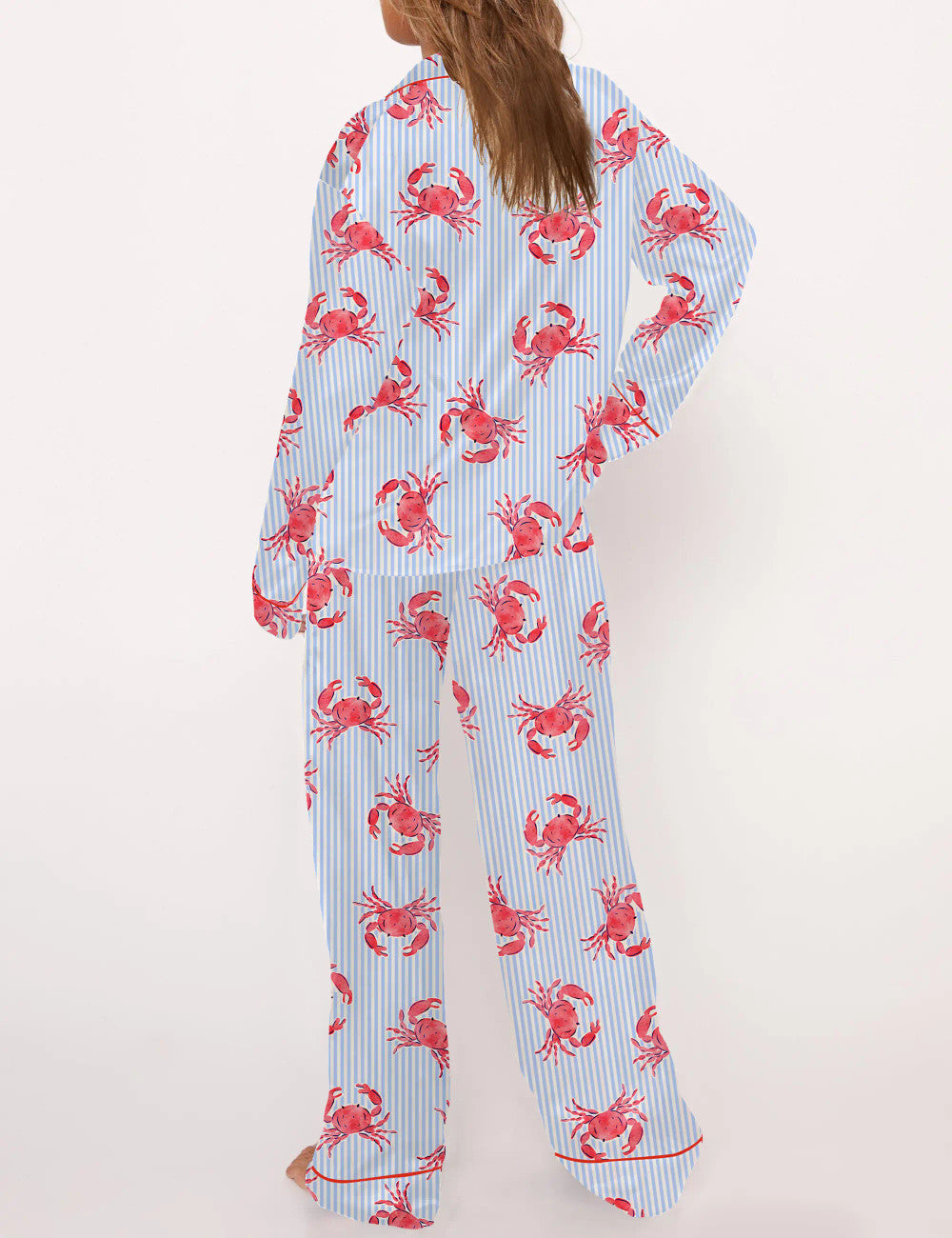 Long Sleeve Crab Stripe Silky Satin Pajama Set For Women