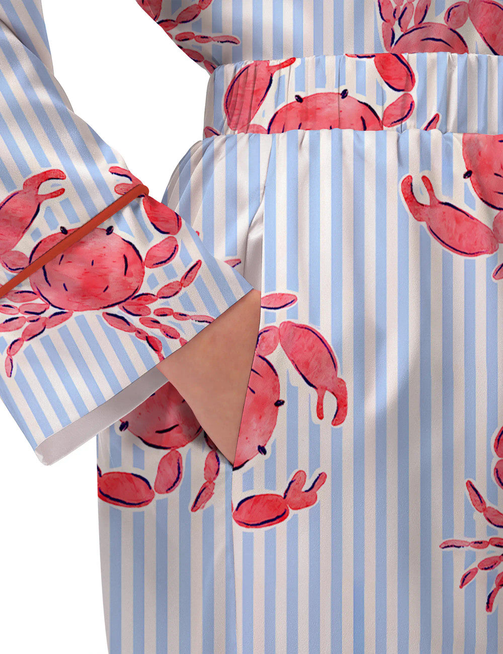 Long Sleeve Crab Stripe Silky Satin Pajama Set For Women