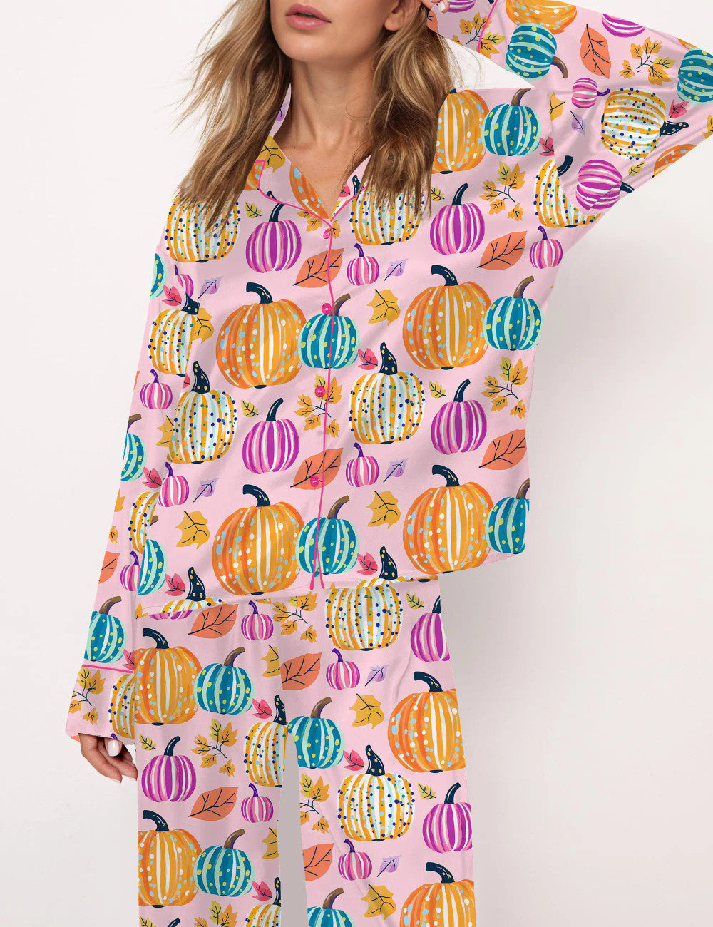 Long Sleeve Fall Pumpkin Silky Satin Pajama Set For Women